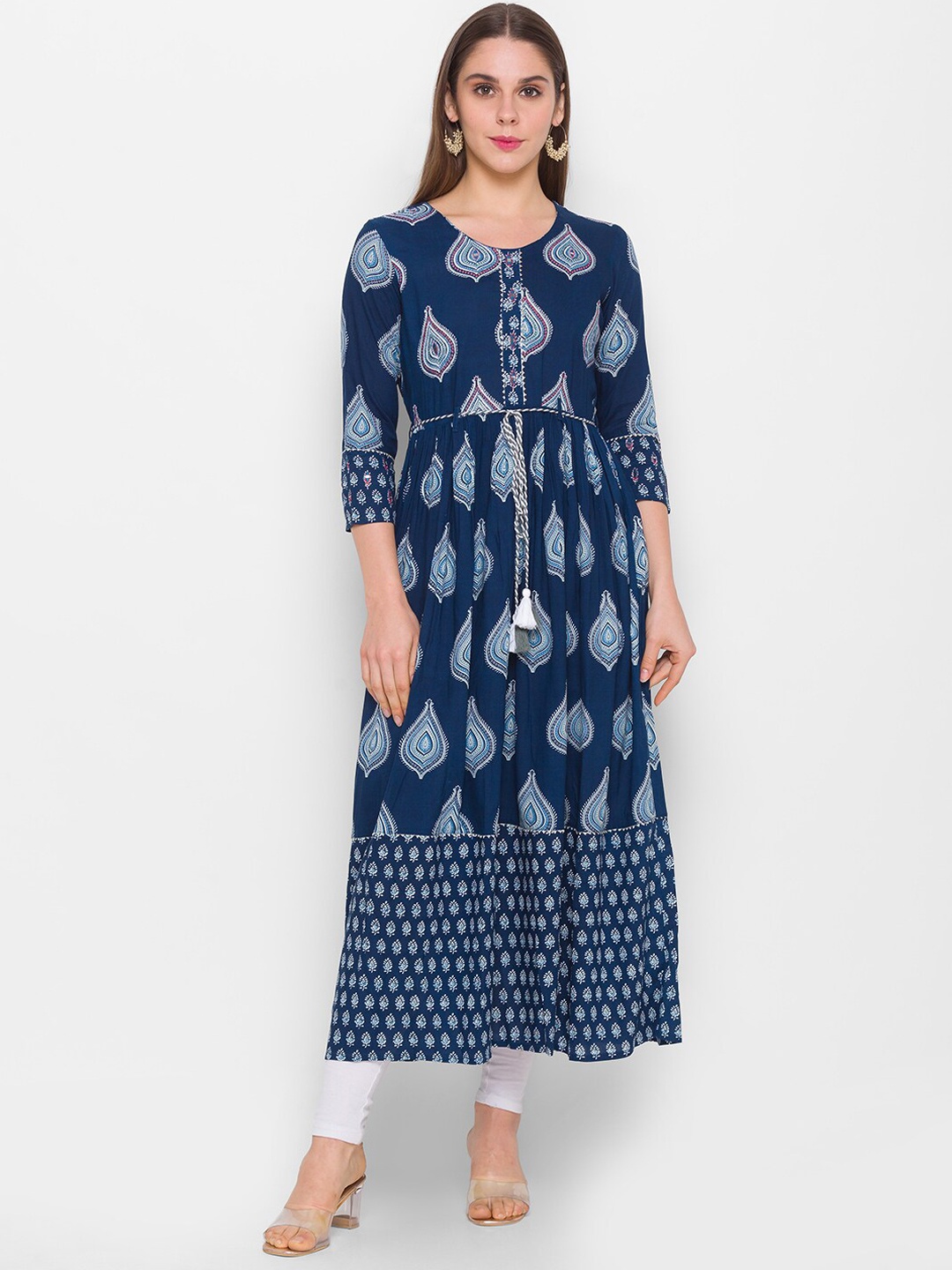

Globus Women Navy Blue & White Ethnic Motifs Printed Anarkali Kurta