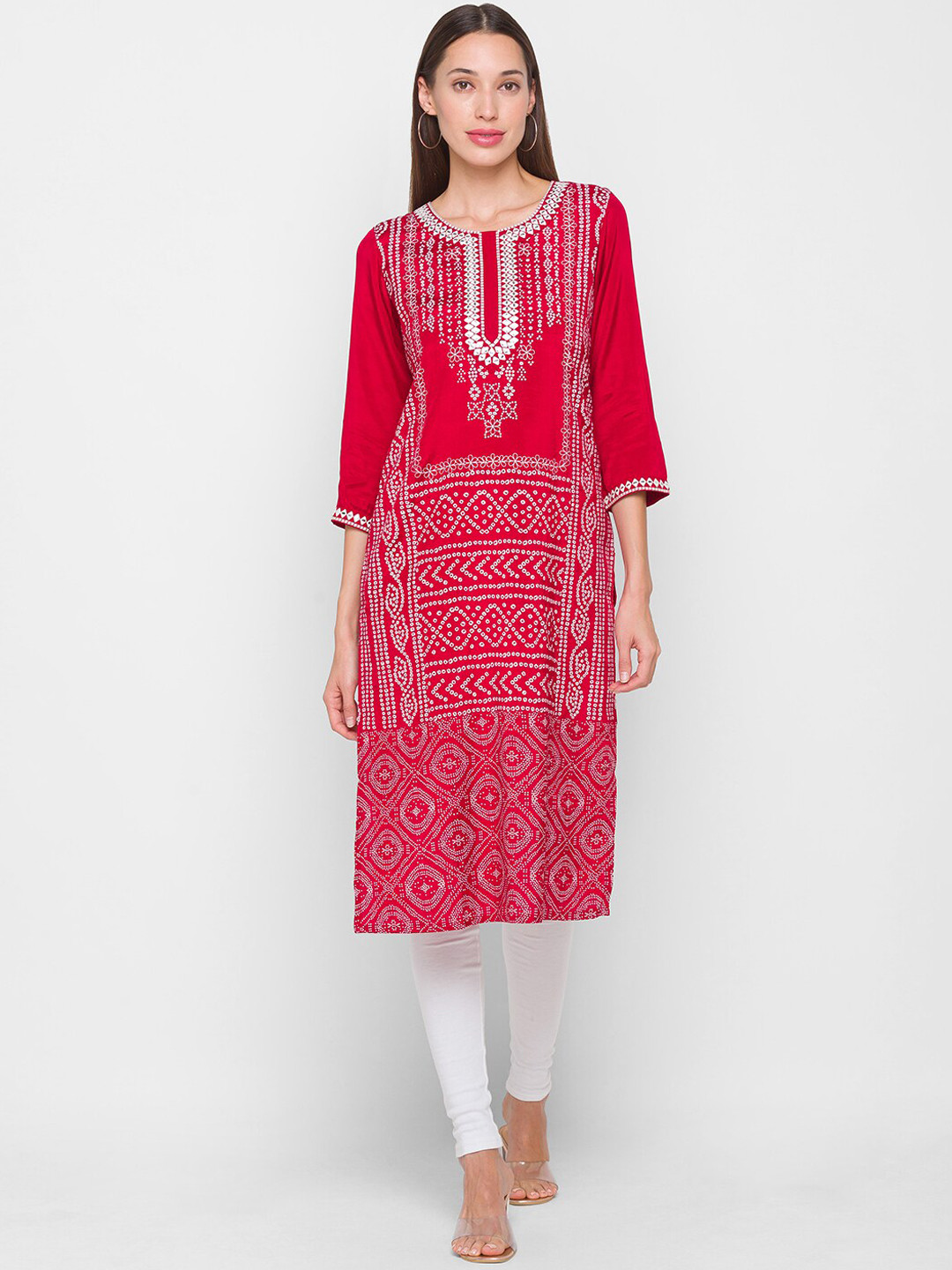 

Globus Women Red Bandhani Printed Mirror Embellised Casual Kurta