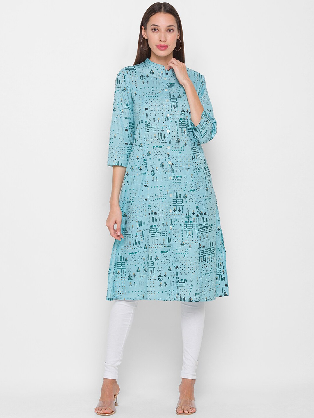 

Globus Women Blue & Green Ethnic Motifs Printed Kurta