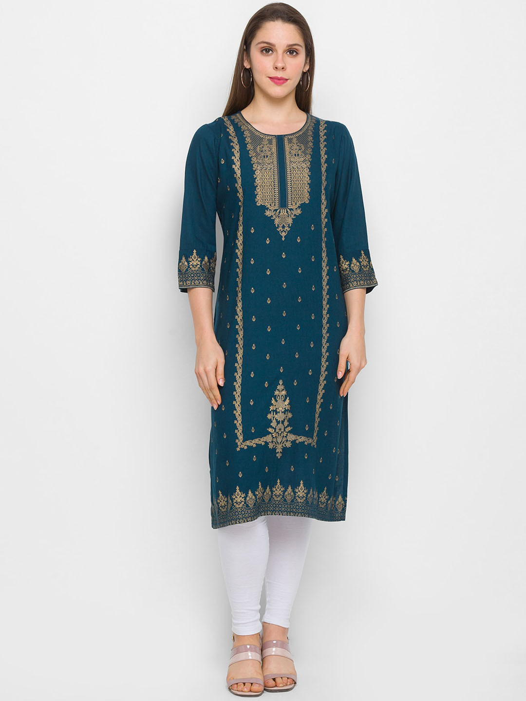 

Globus Women Teal & Gold-Toned Ethnic Motifs Printed Kurta