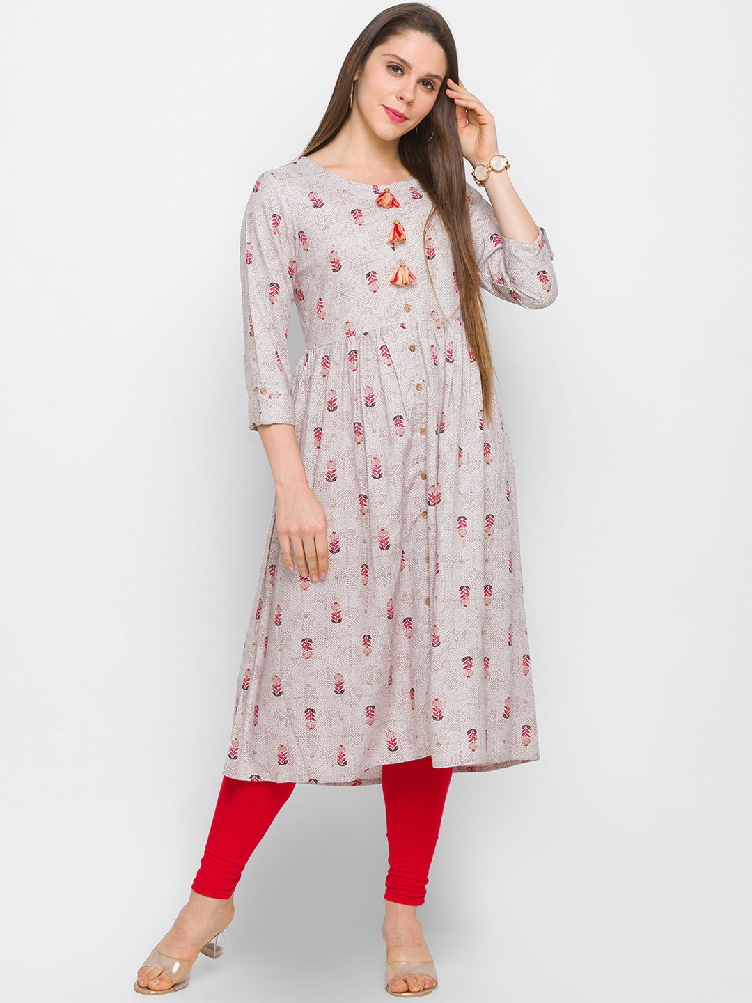 

Globus Women Grey & Red Geometric Printed Anarkali Kurta