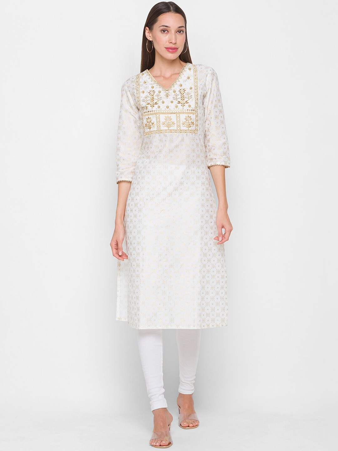 

Globus Women Off White & Gold-Toned Geometric Printed Zari Kurta