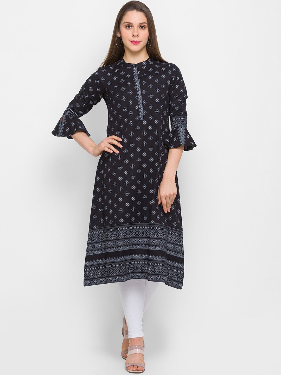 

Globus Women Black & Blue Geometric Printed Bell Sleeves Kurta