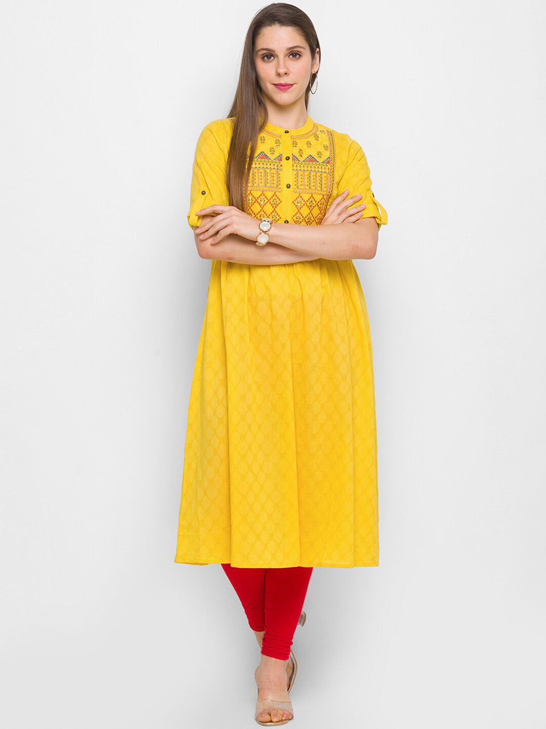 

Globus Women Yellow Thread Work Dobby Kurta