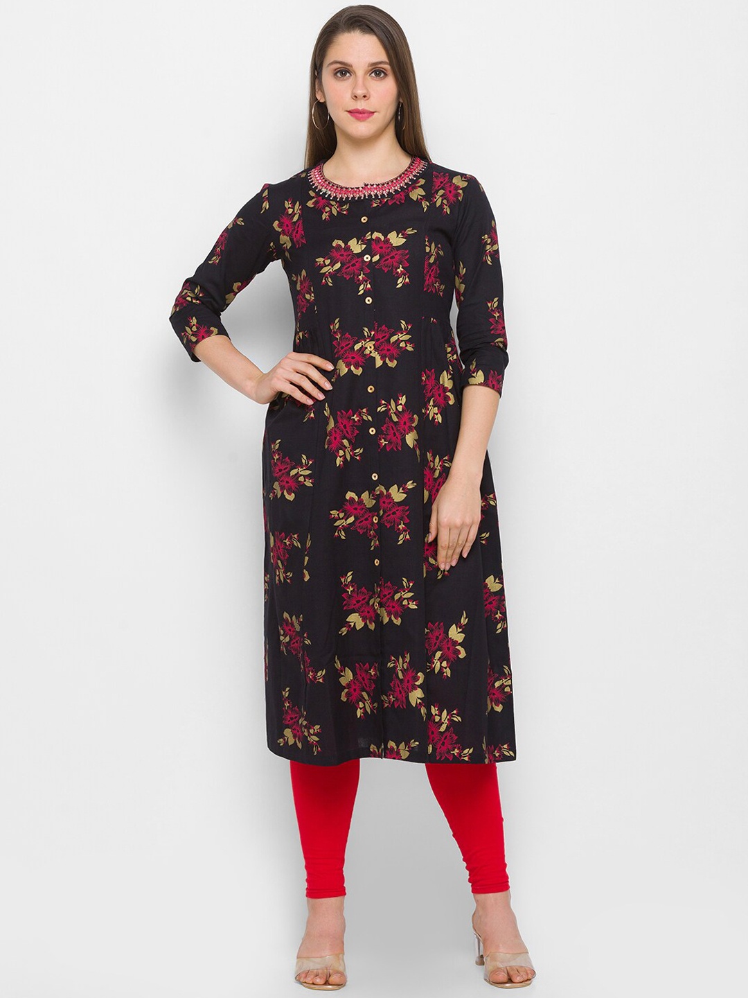 

Globus Women Black Floral Printed Keyhole Neck Khadi Kurta