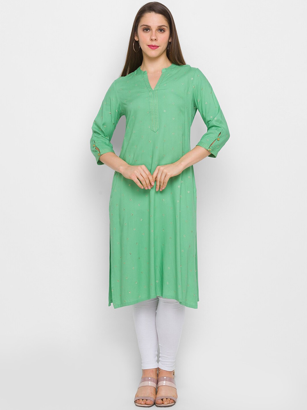 

Globus Women Green Solid Mukaish Detailed Kurta