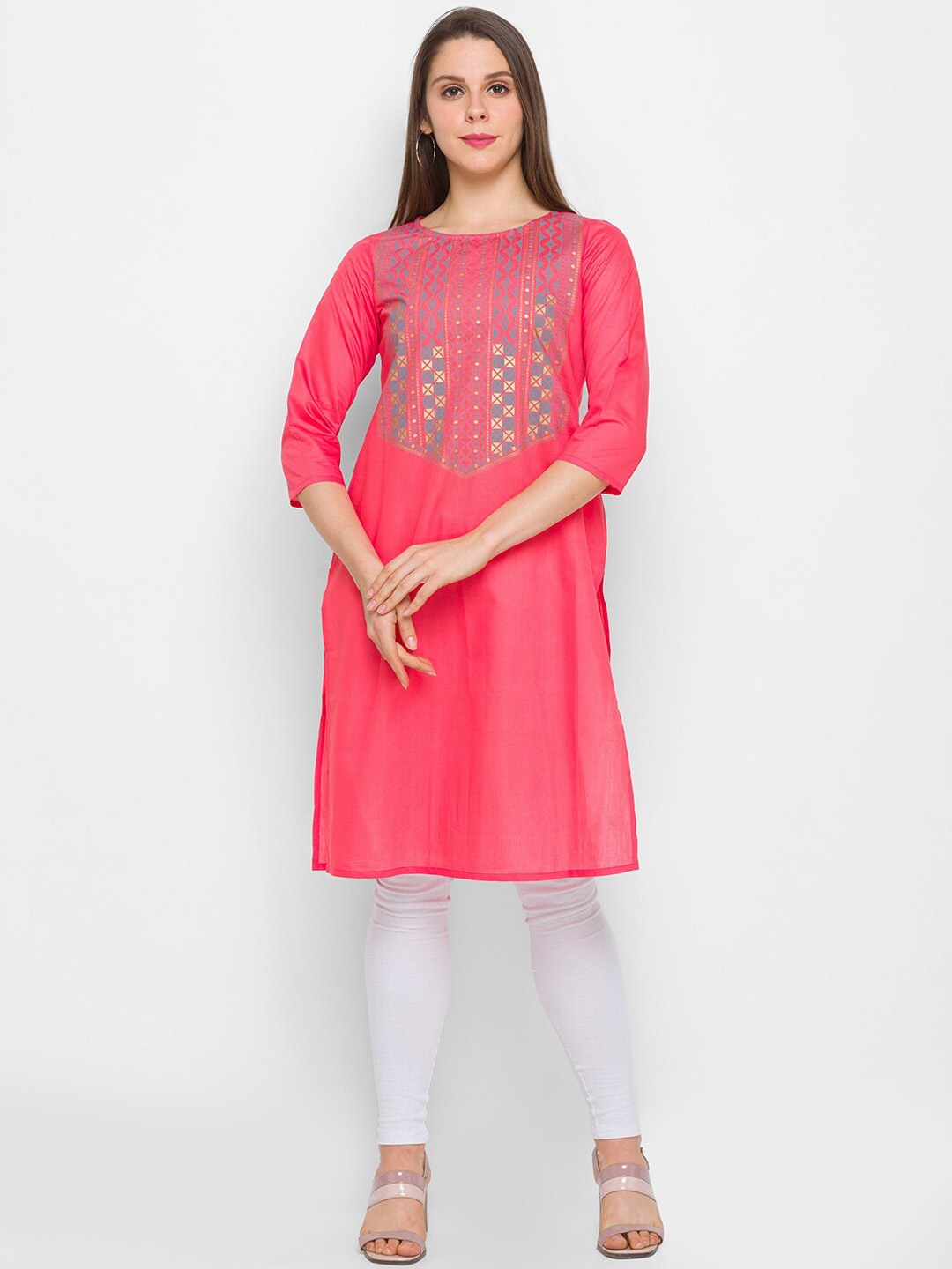 

Globus Women Peach-Coloured Geometric Printed Kurta