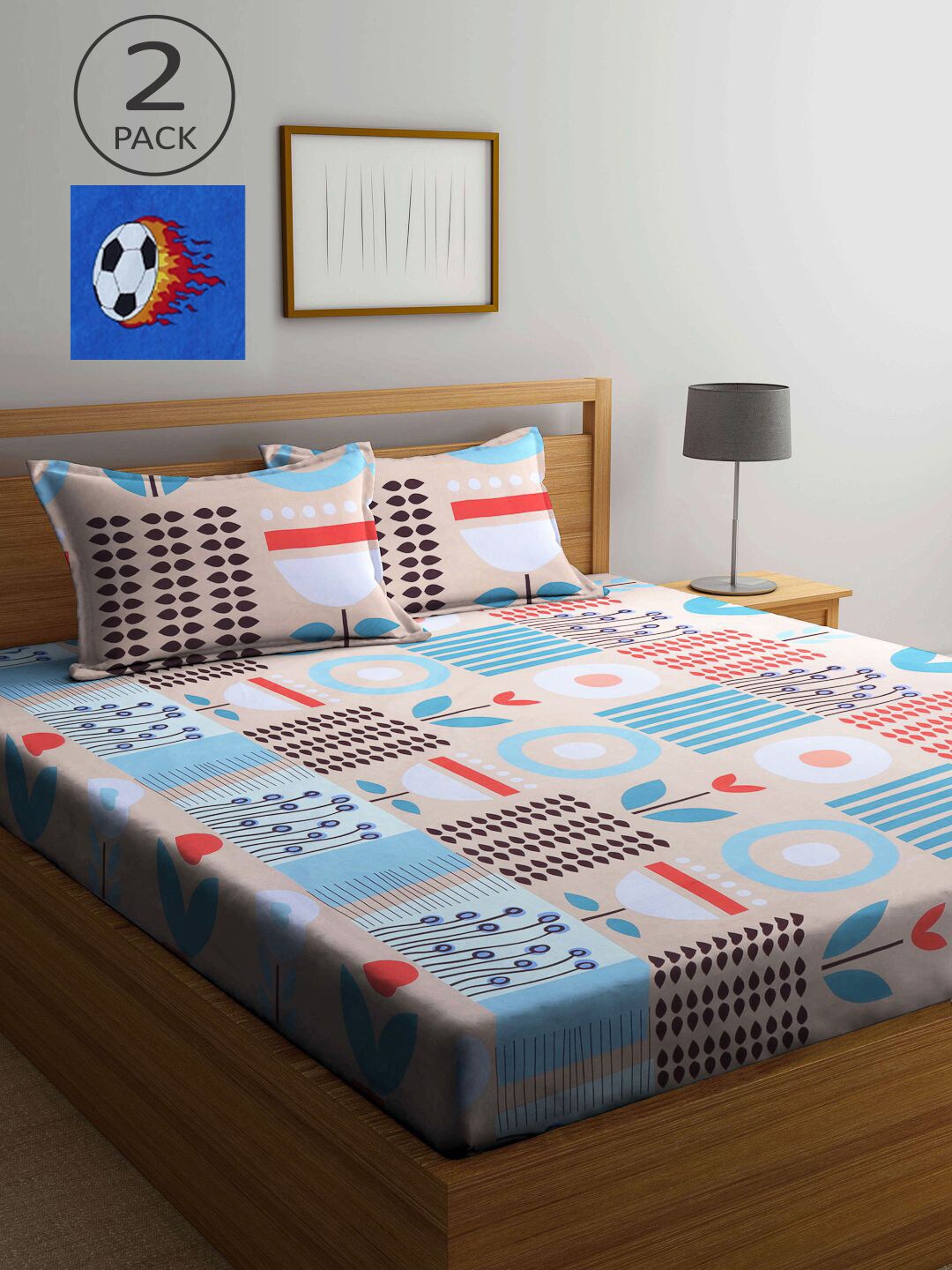 

KLOTTHE Blue & Red Floral 210 TC 2 King Bedsheet with 4 Pillow Covers