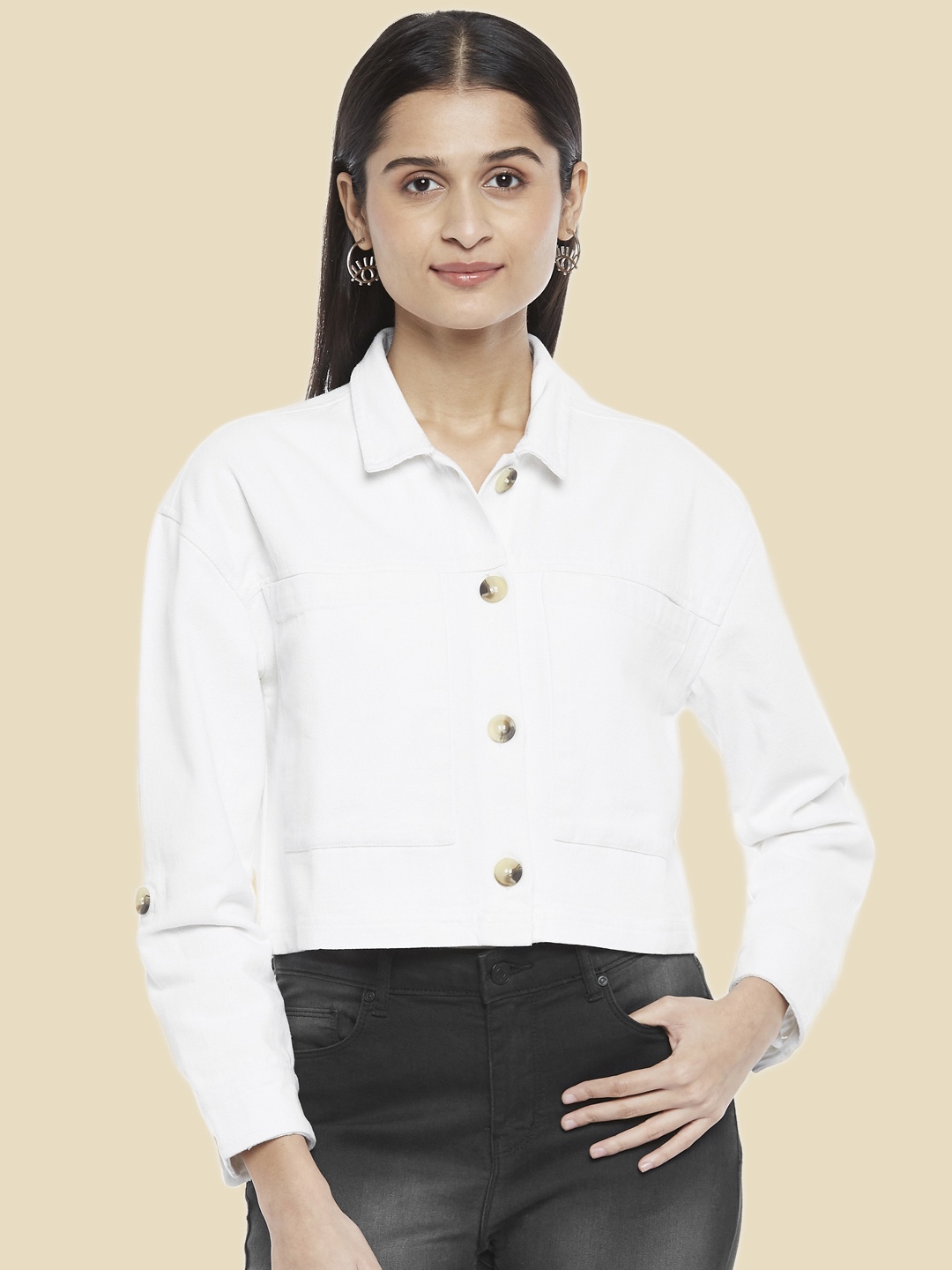 

People Women White Crop Pure Cotton Denim Jacket