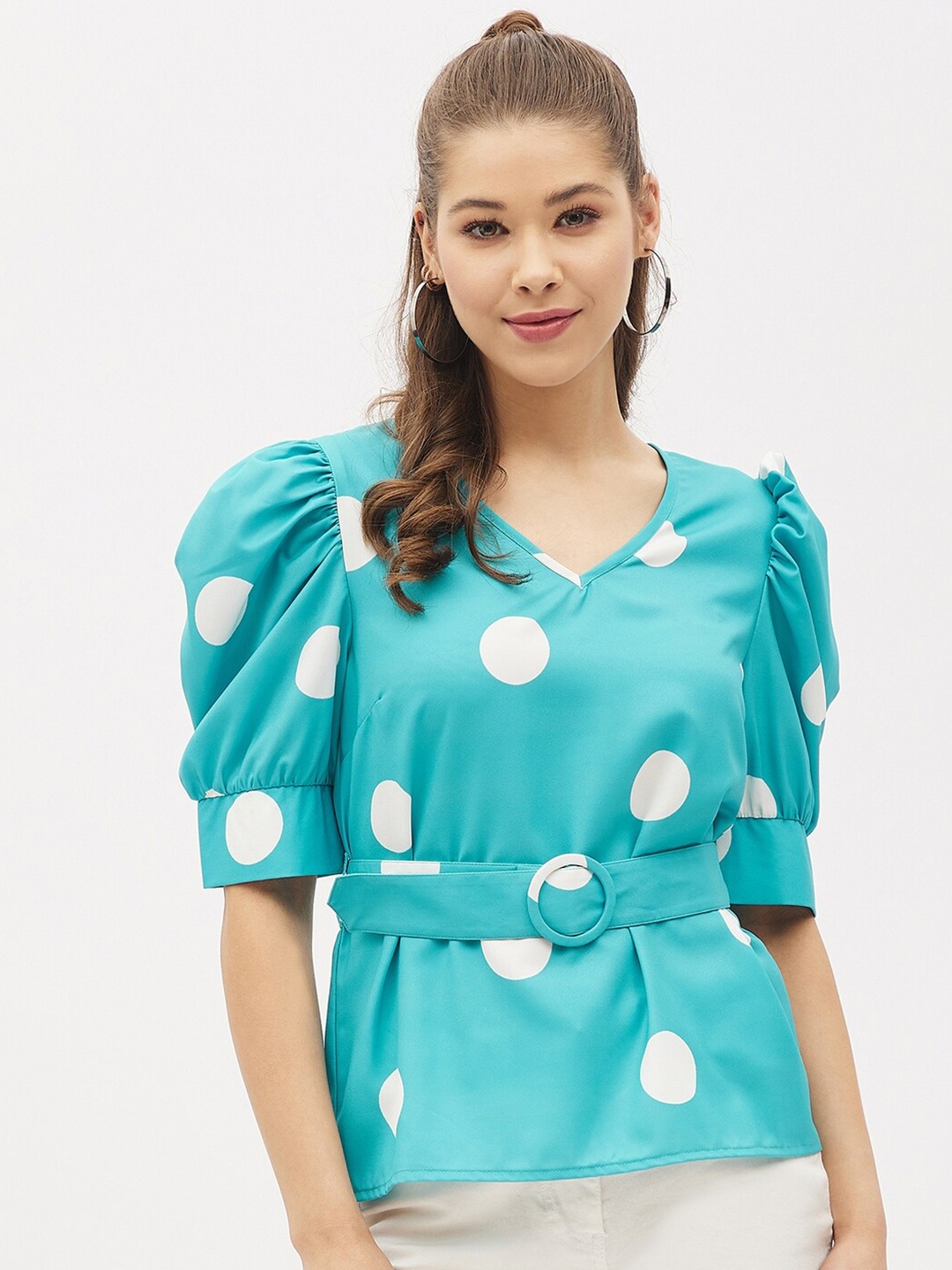 

Harpa Blue Polka Dot Print Cinched Waist Top