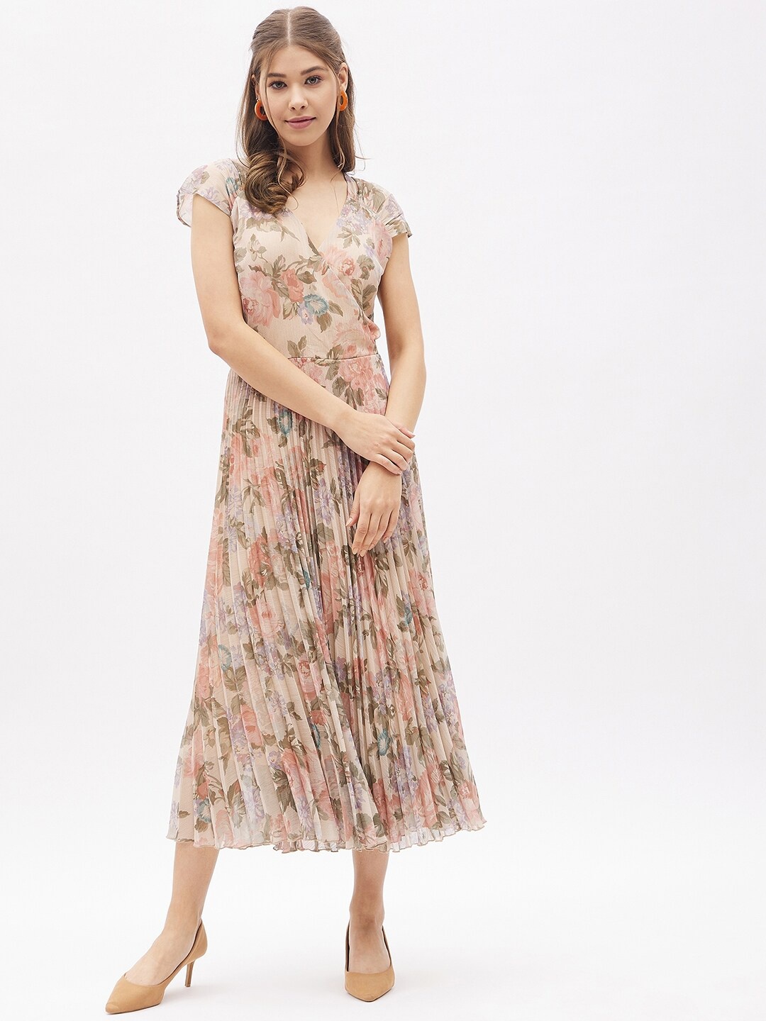 Harpa Beige & Pink Floral Georgette Maxi Dress