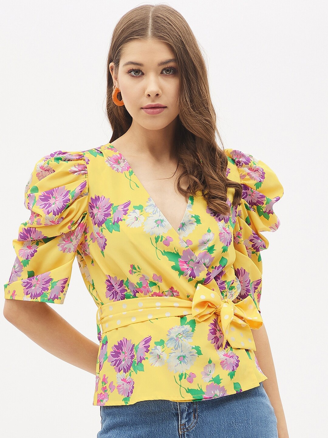 

Harpa Yellow Floral Print Crepe Wrap Top