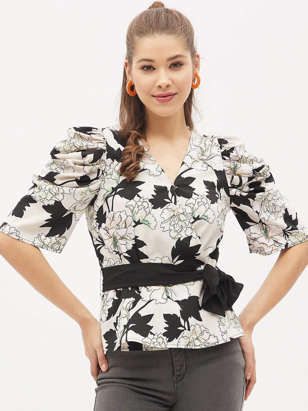 

Harpa Women Off White & Blue Floral Printed Top