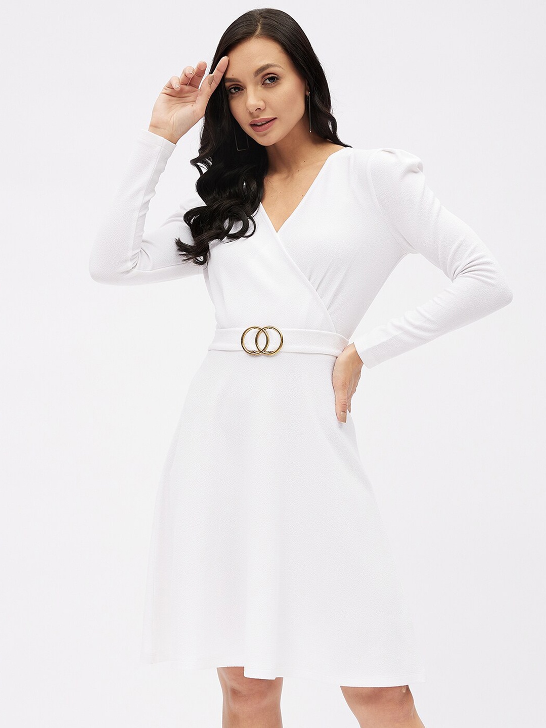 

Harpa White Solid Belted Wrap Dress