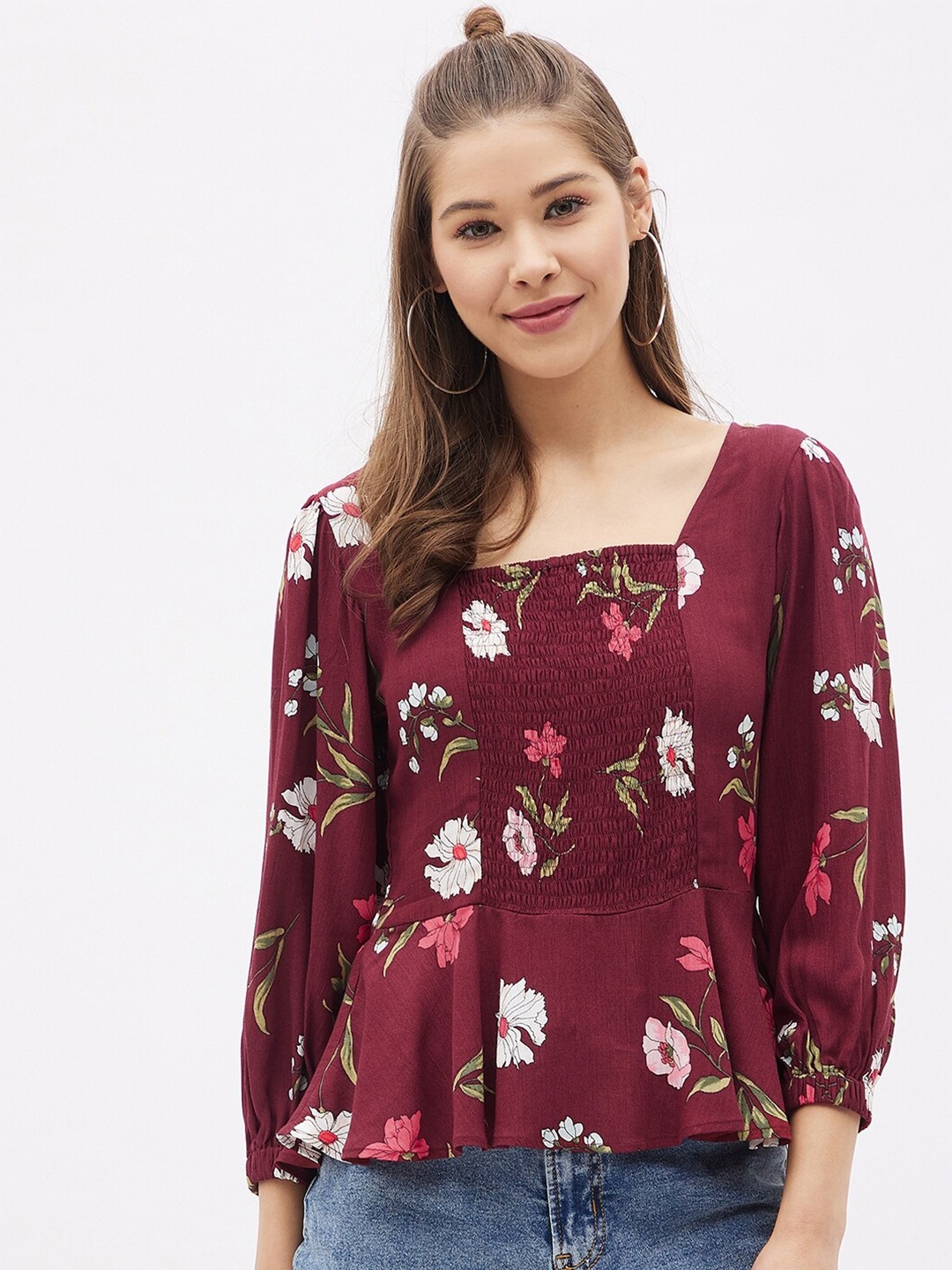 

Harpa Maroon Floral Print Casual Peplum Top