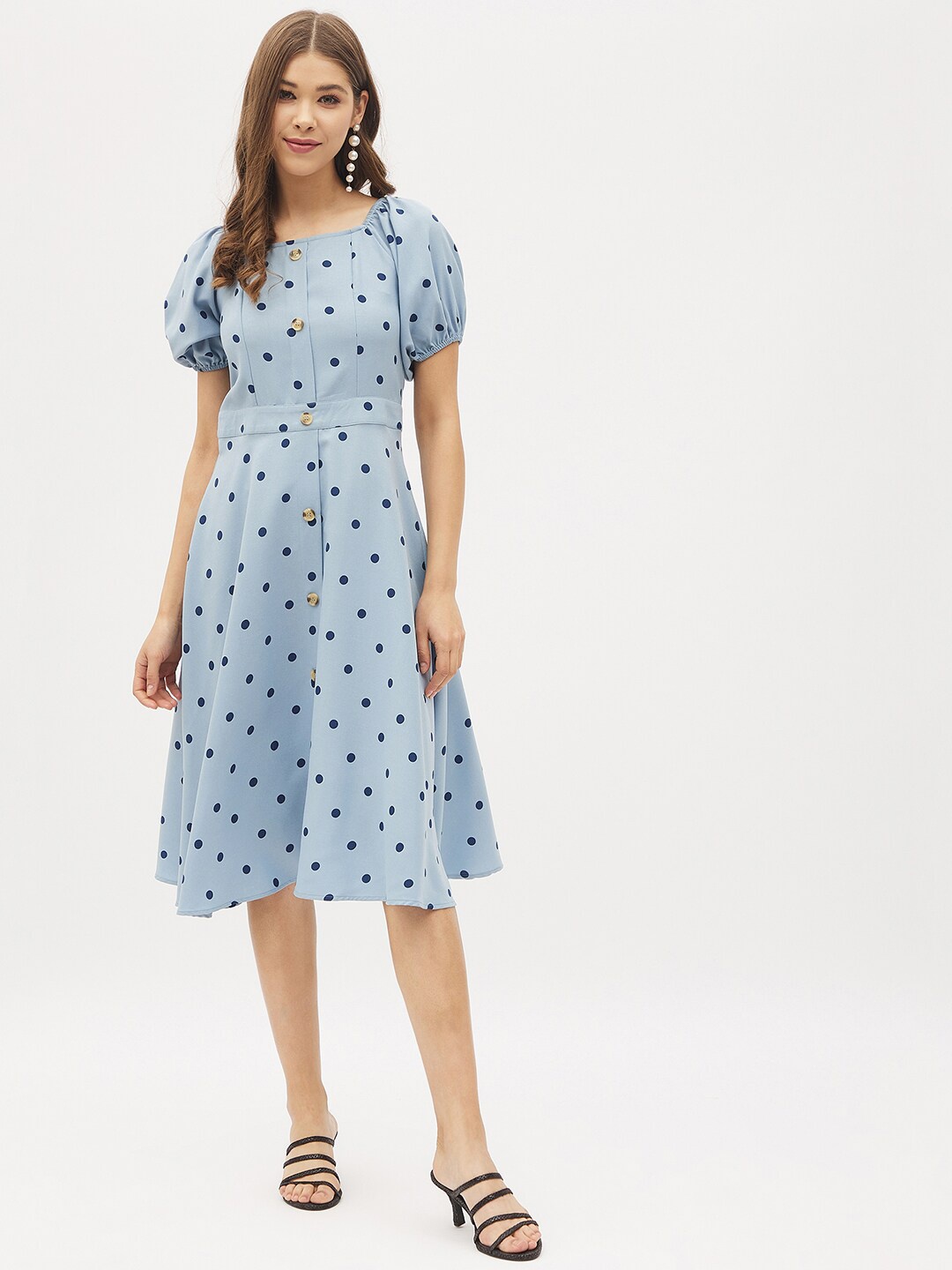 

Harpa Blue & Black Polka Dot Print Casual Fit And Flare Dress