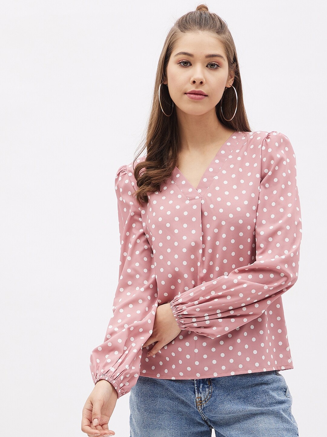 

Harpa Pink & White Polka Dot Print Casual Crepe Top