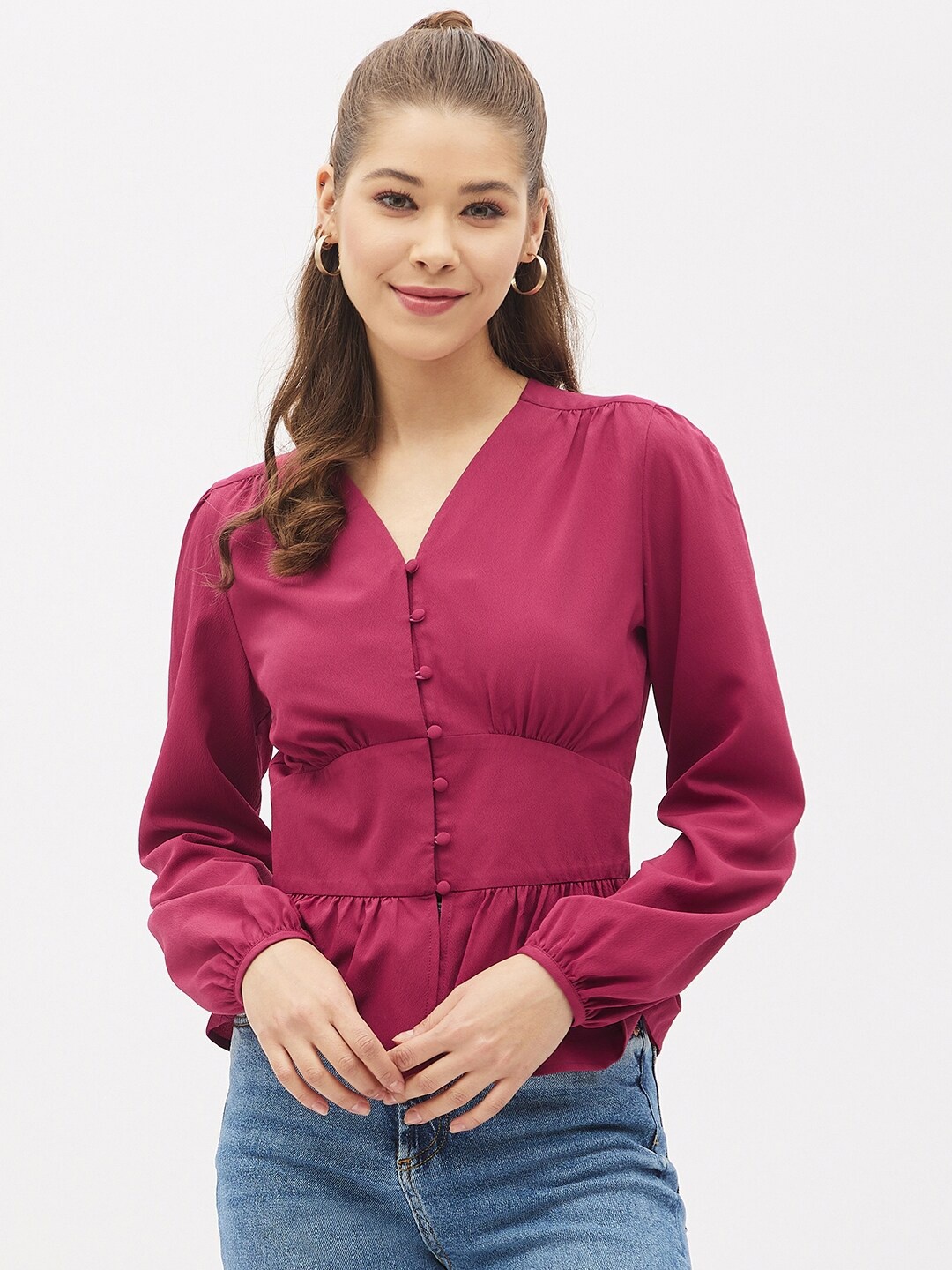 

Harpa Mauve Solid V Neck Embellished Casual Empire Top