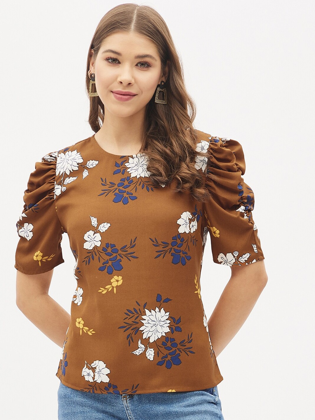 

Harpa Bronze-Toned Floral Printed Puff Sleeve Top
