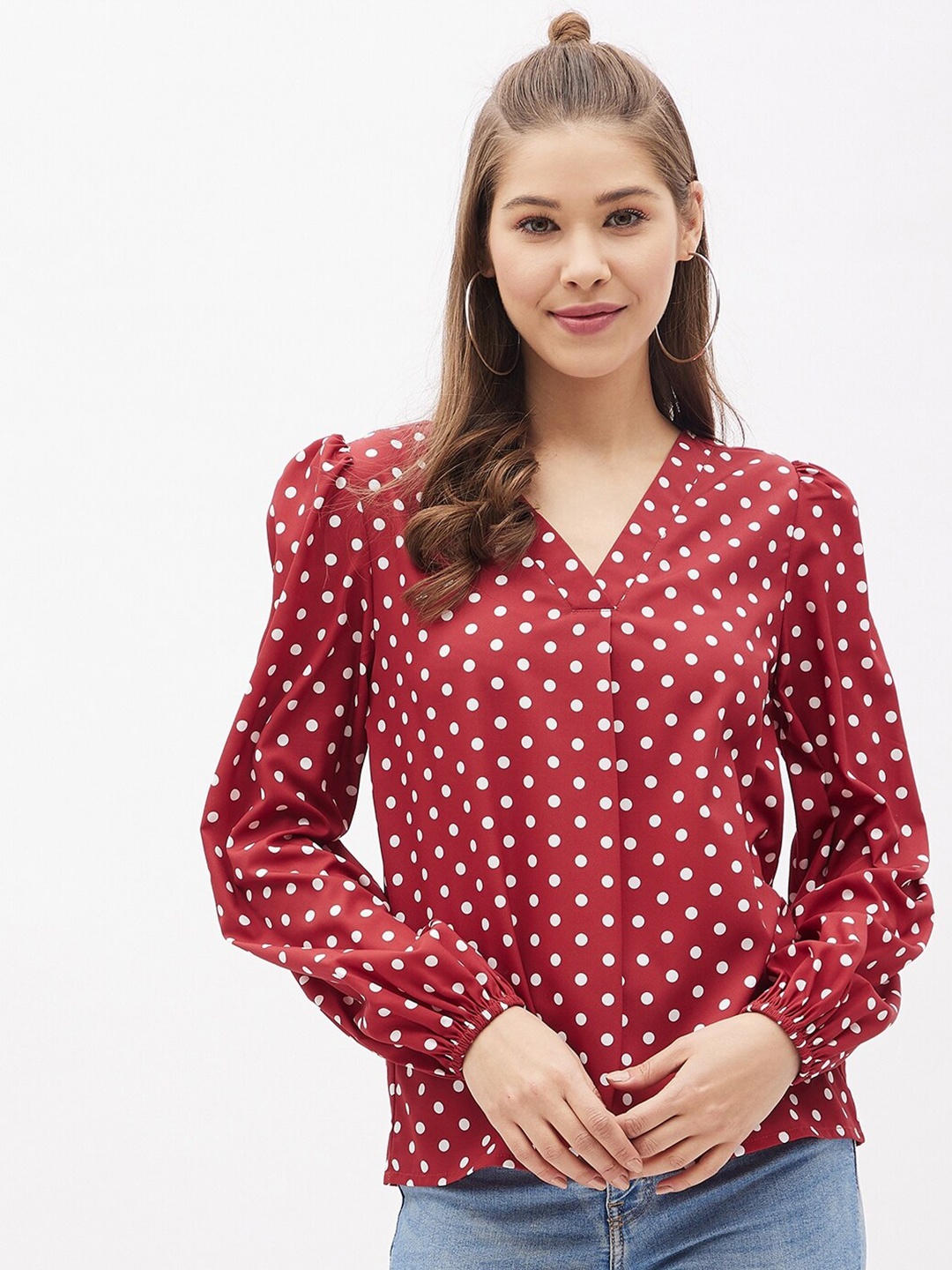 

Harpa Women Rust Polka Dot Printed Crepe Top