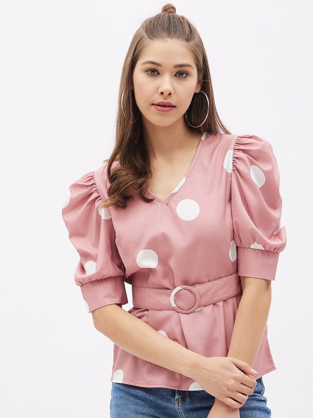 

Harpa Pink & White Polka Dots Print Wrap Top