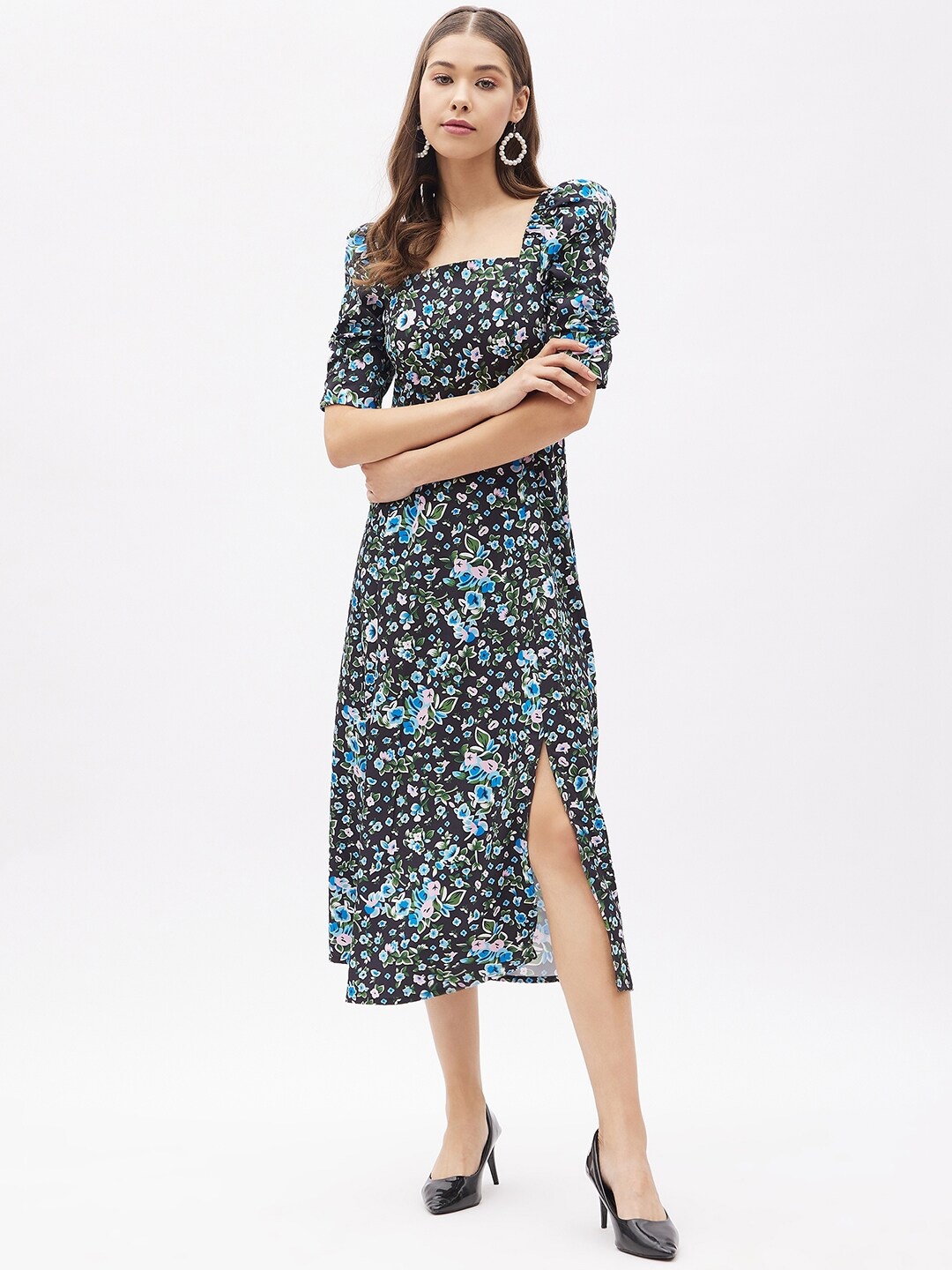 

Harpa Black Floral Off-Shoulder Crepe A-Line Midi Dress