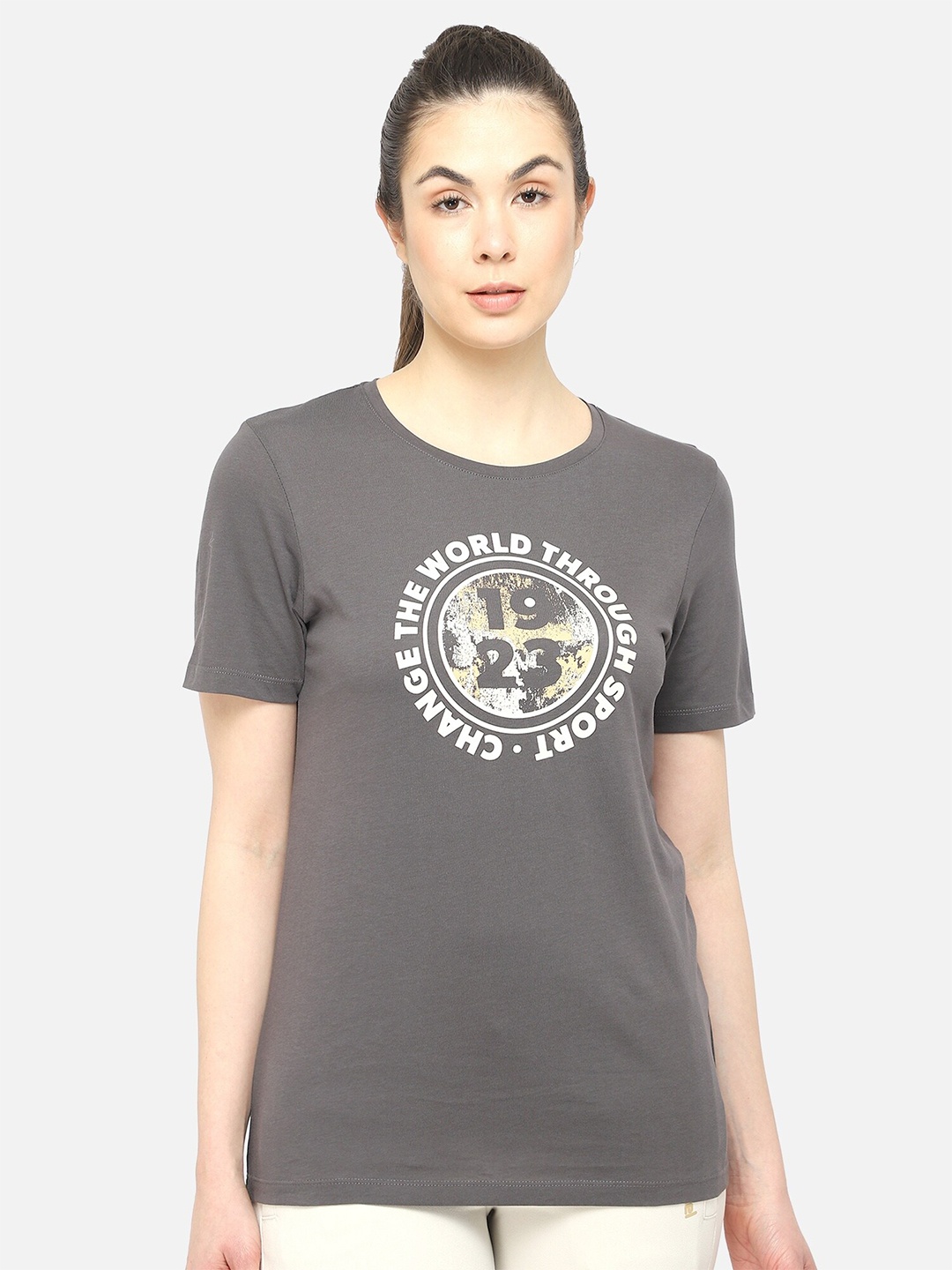 

hummel Women Olive Green Printed Pure Cotton T-shirt