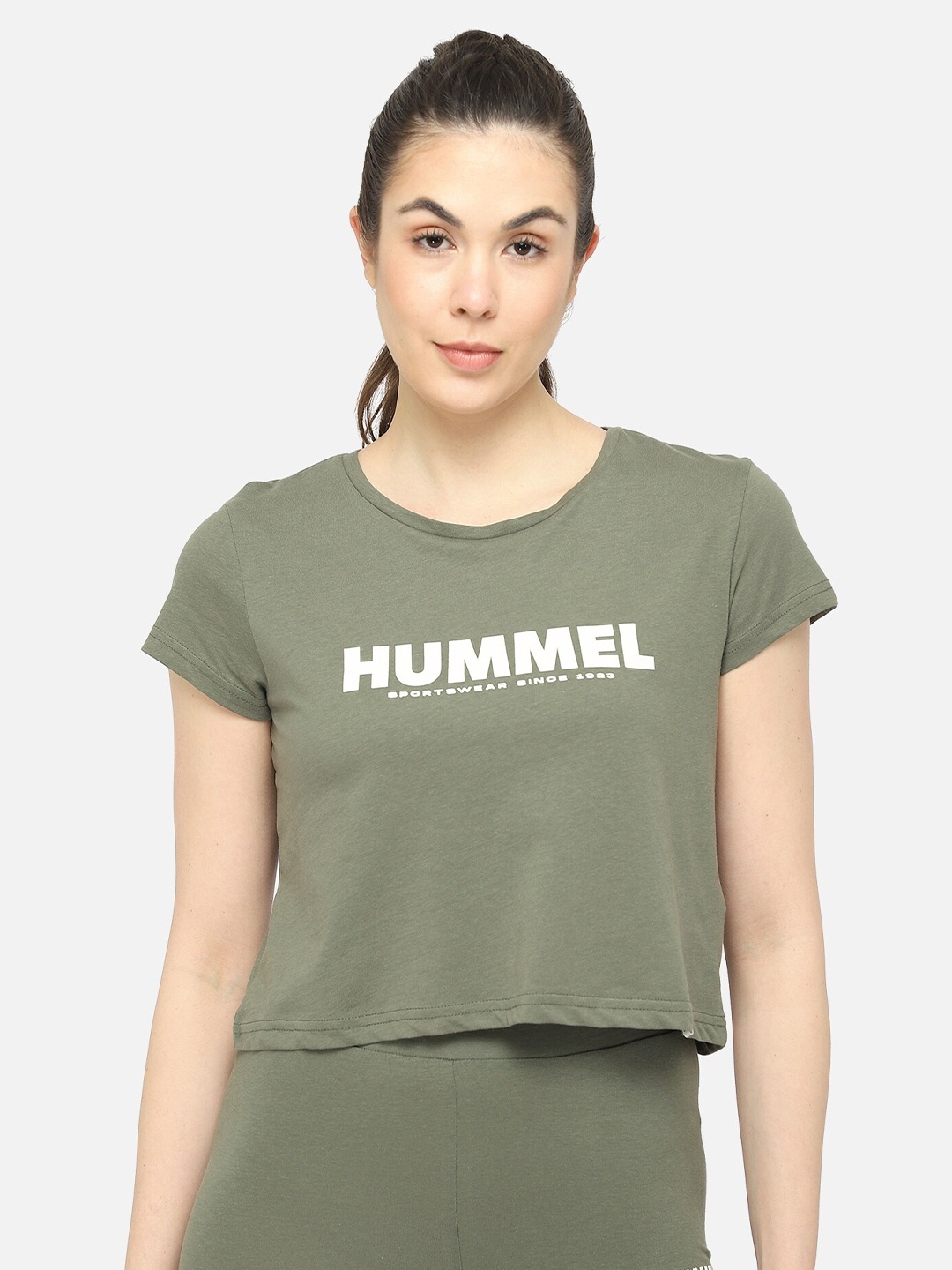 

hummel Women Green Typography Printed Pure Cotton Crop T-shirt