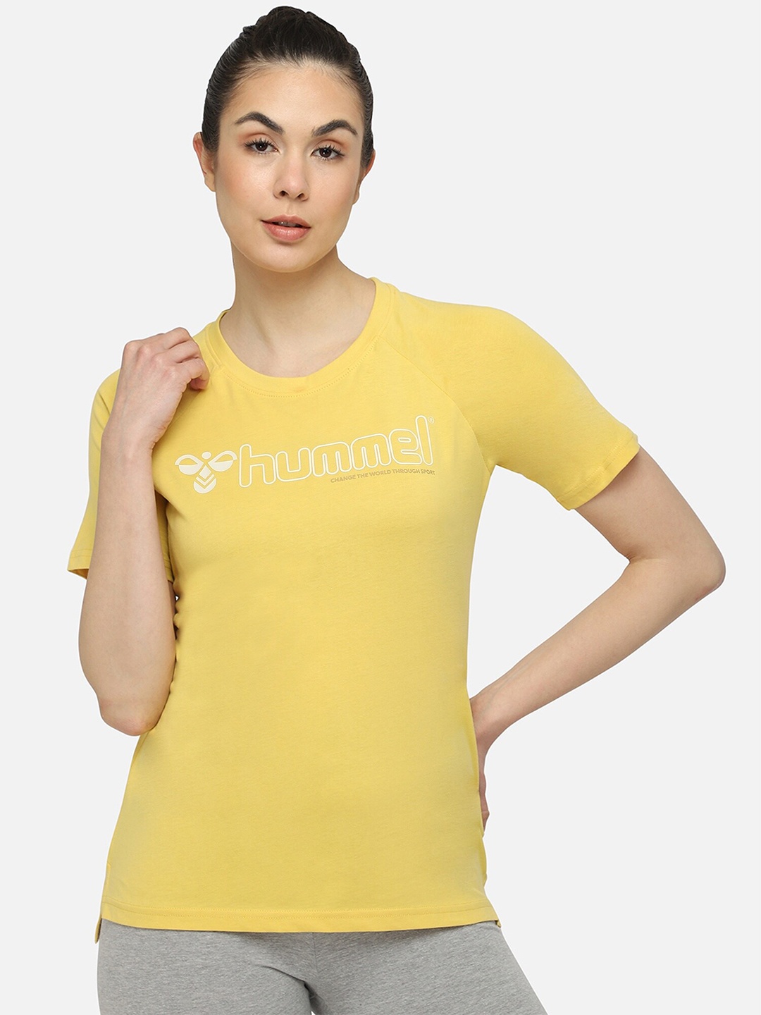 

hummel Women Yellow Typography Printed Pure Cotton T-shirt