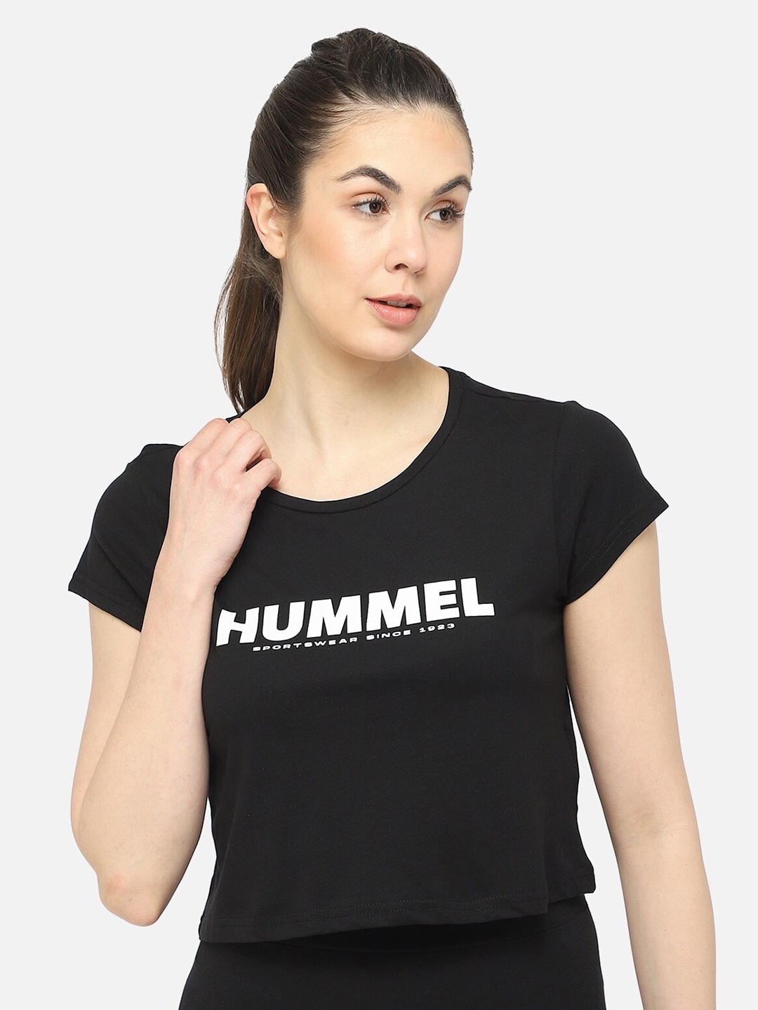 

hummel Women Black Typography Printed Pure Cotton Crop T-shirt