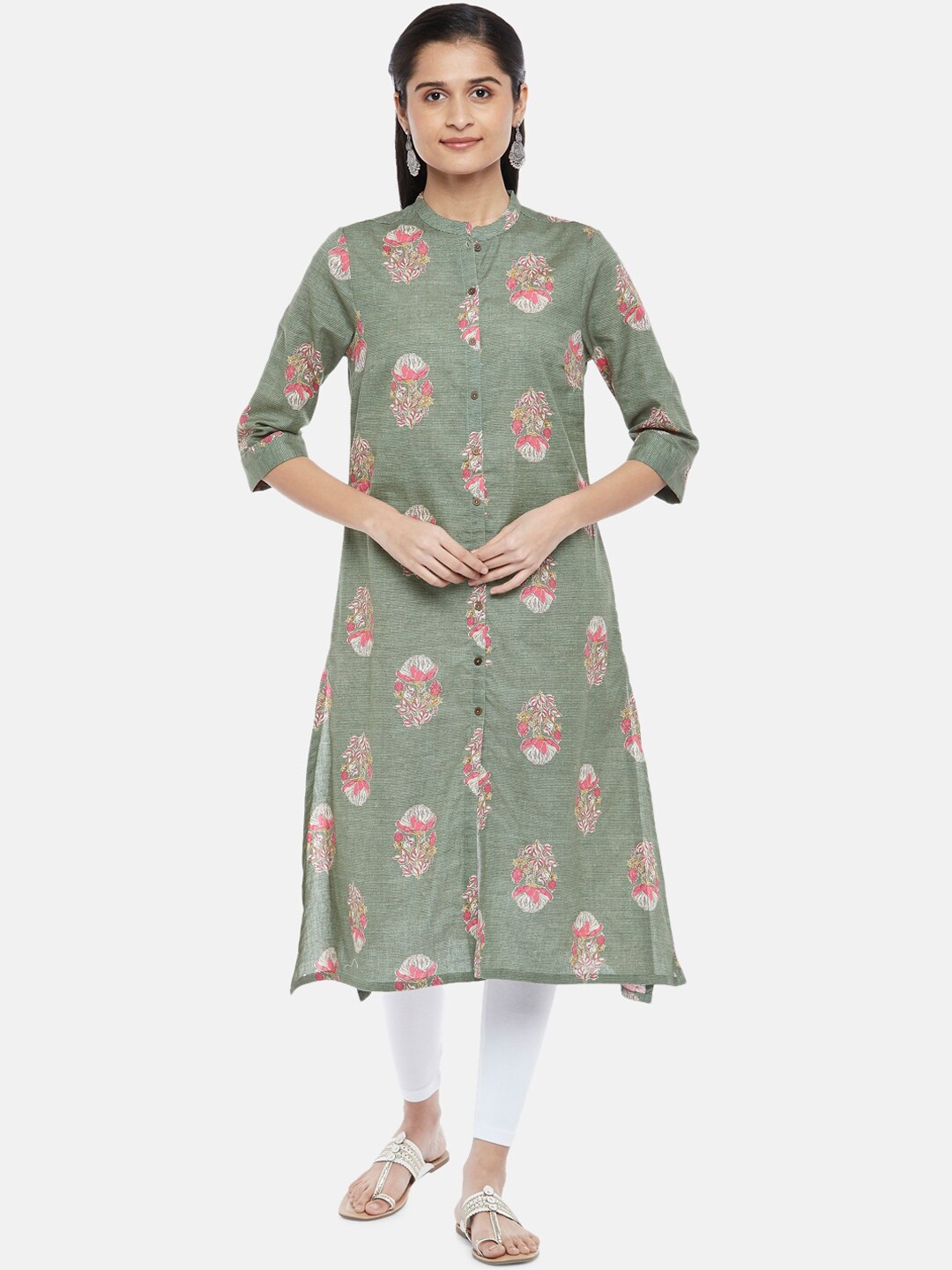 

RANGMANCH BY PANTALOONS Women Green & Pink Floral Printed Kurta