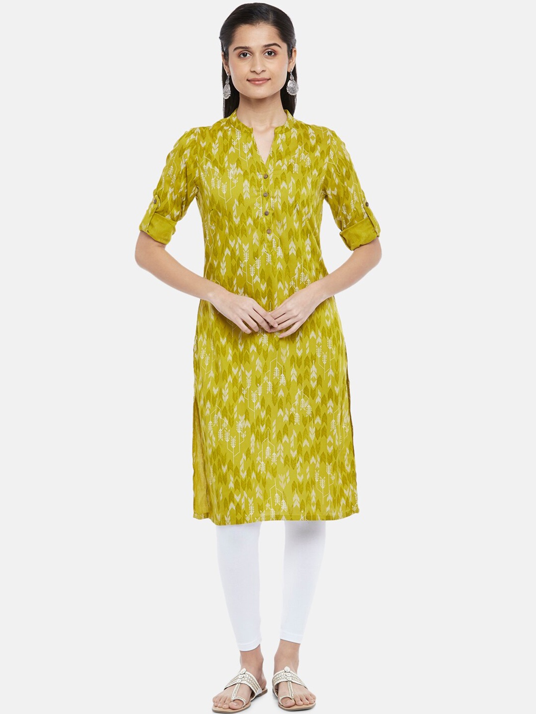 

RANGMANCH BY PANTALOONS Women Lime Green & White Geometric Printed Kurta