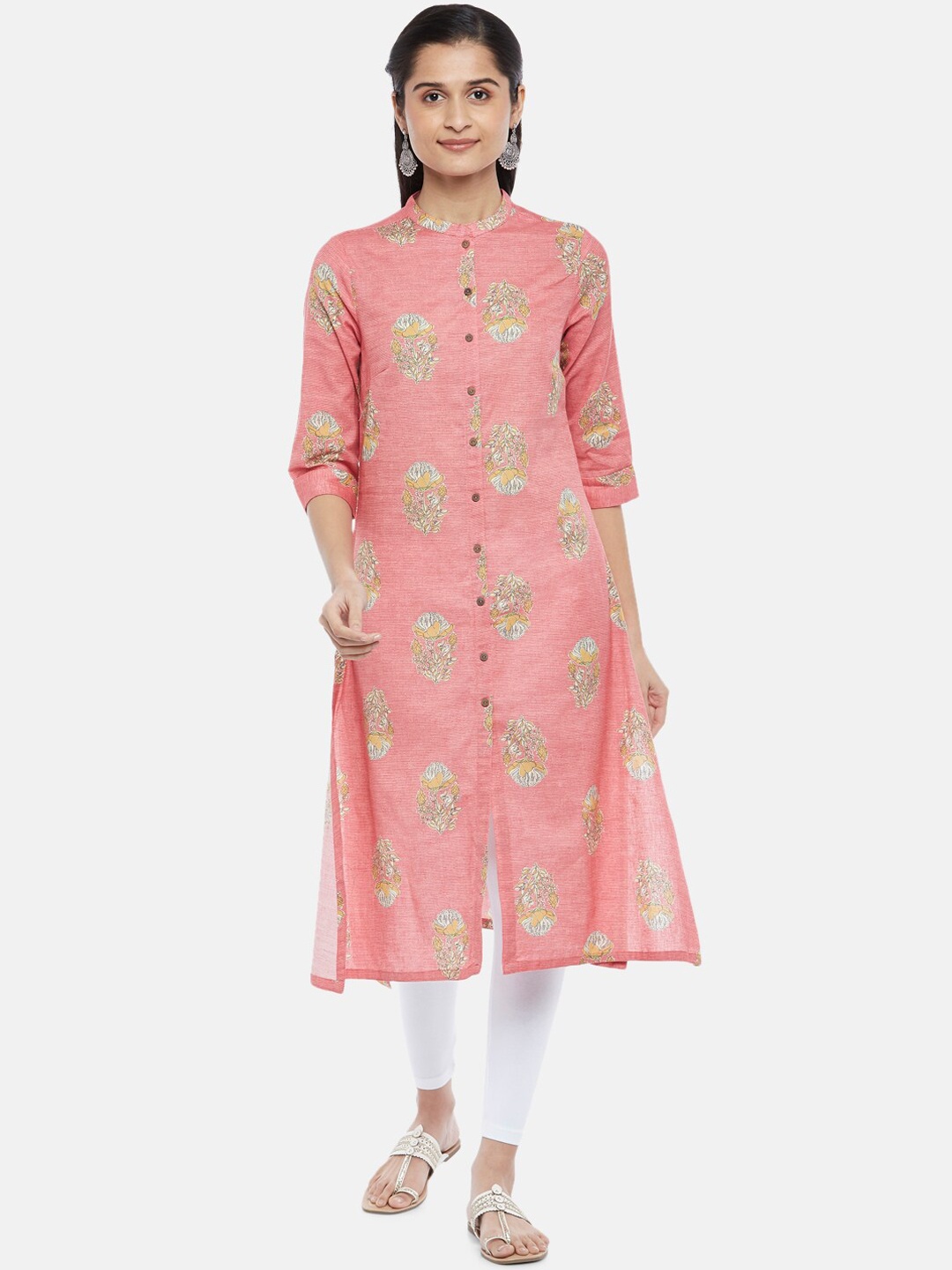 

RANGMANCH BY PANTALOONS Women Pink & Yellow Floral Printed Pure Cotton Kurta
