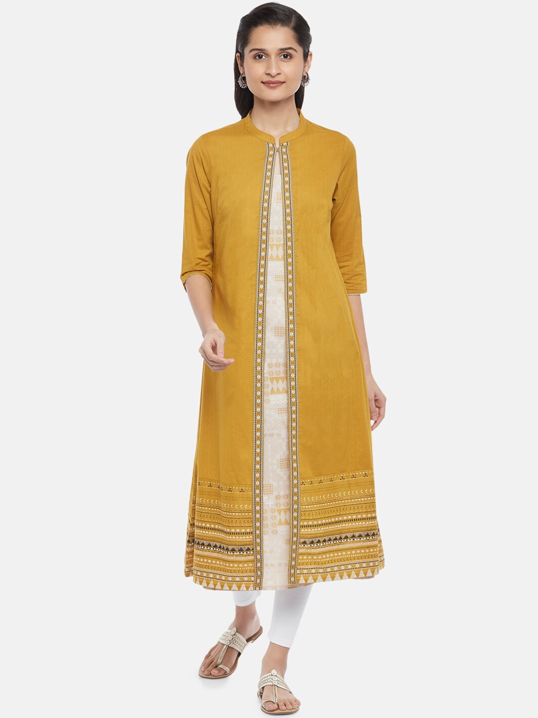 

RANGMANCH BY PANTALOONS Women Mustard Yellow Geometric Thread Work Kurta