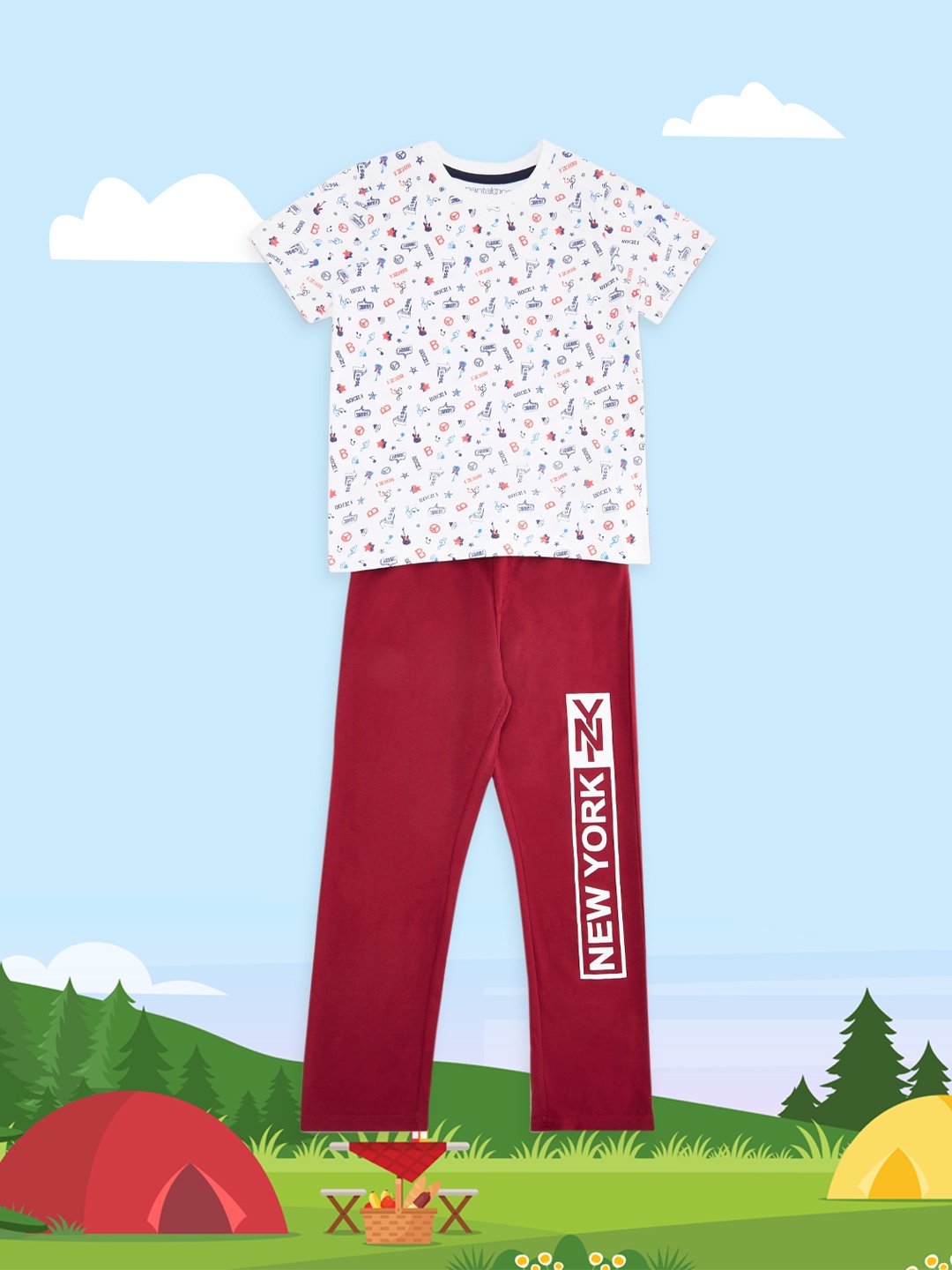

Pantaloons Junior Boys White & Maroon Printed Night Suit