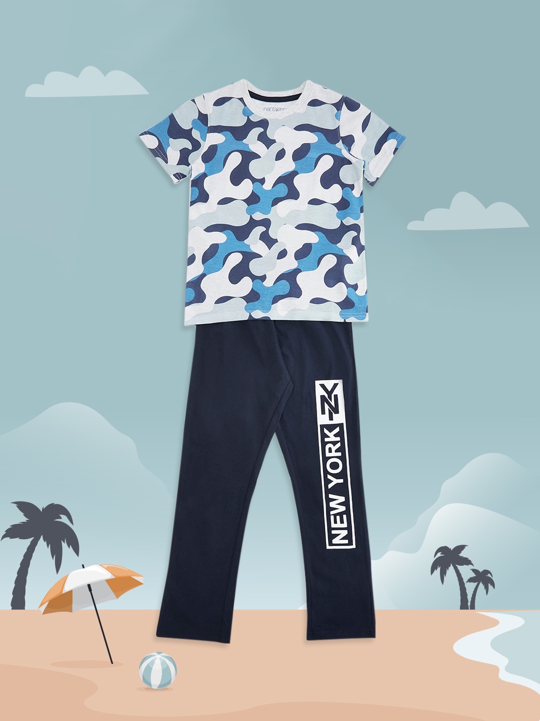 

Pantaloons Junior Boys Blue & Navy Blue Printed Pure Cotton Night suit