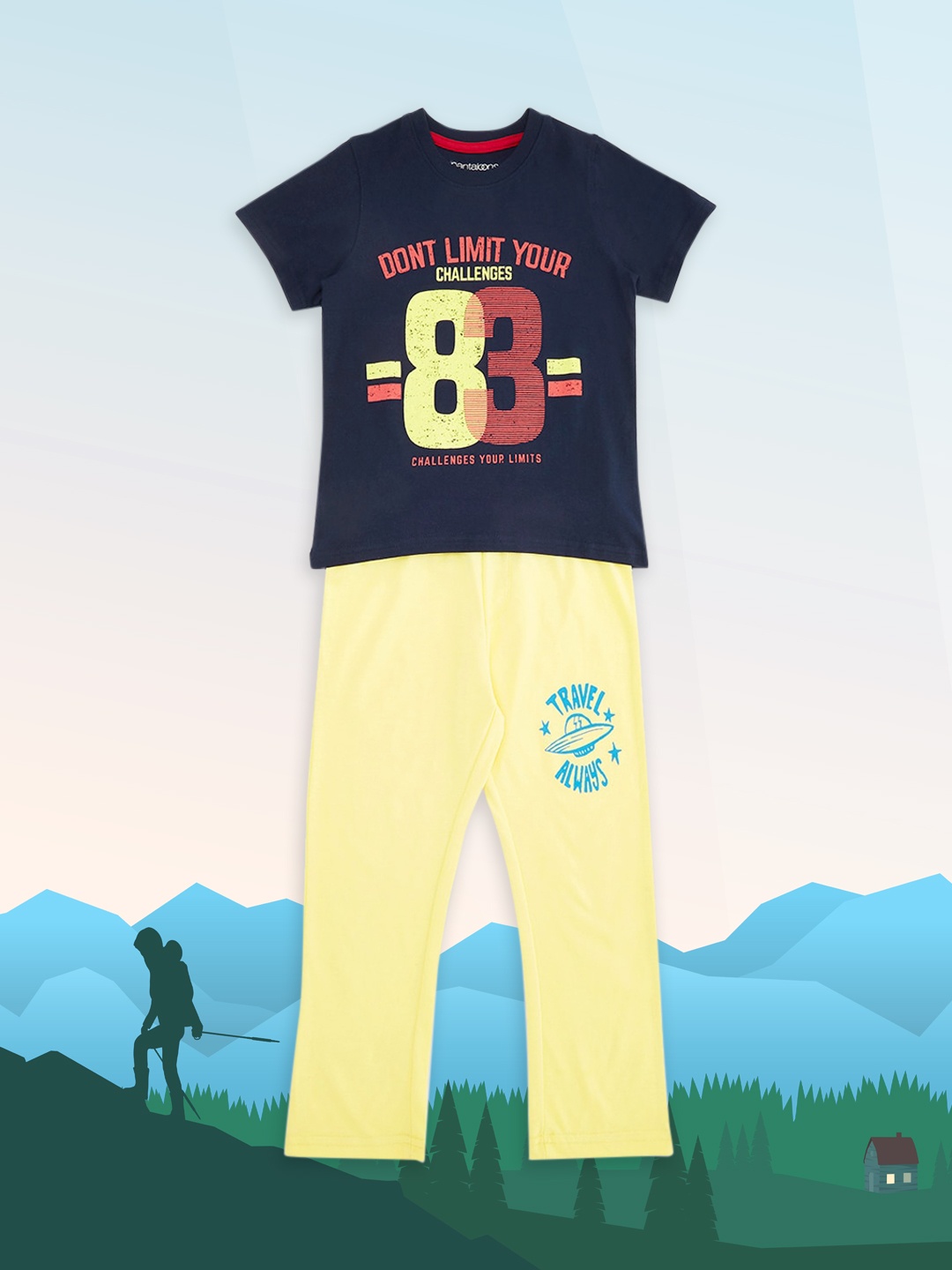 

Pantaloons Junior Boys Navy Blue & Yellow Printed Pure Cotton Night Suit
