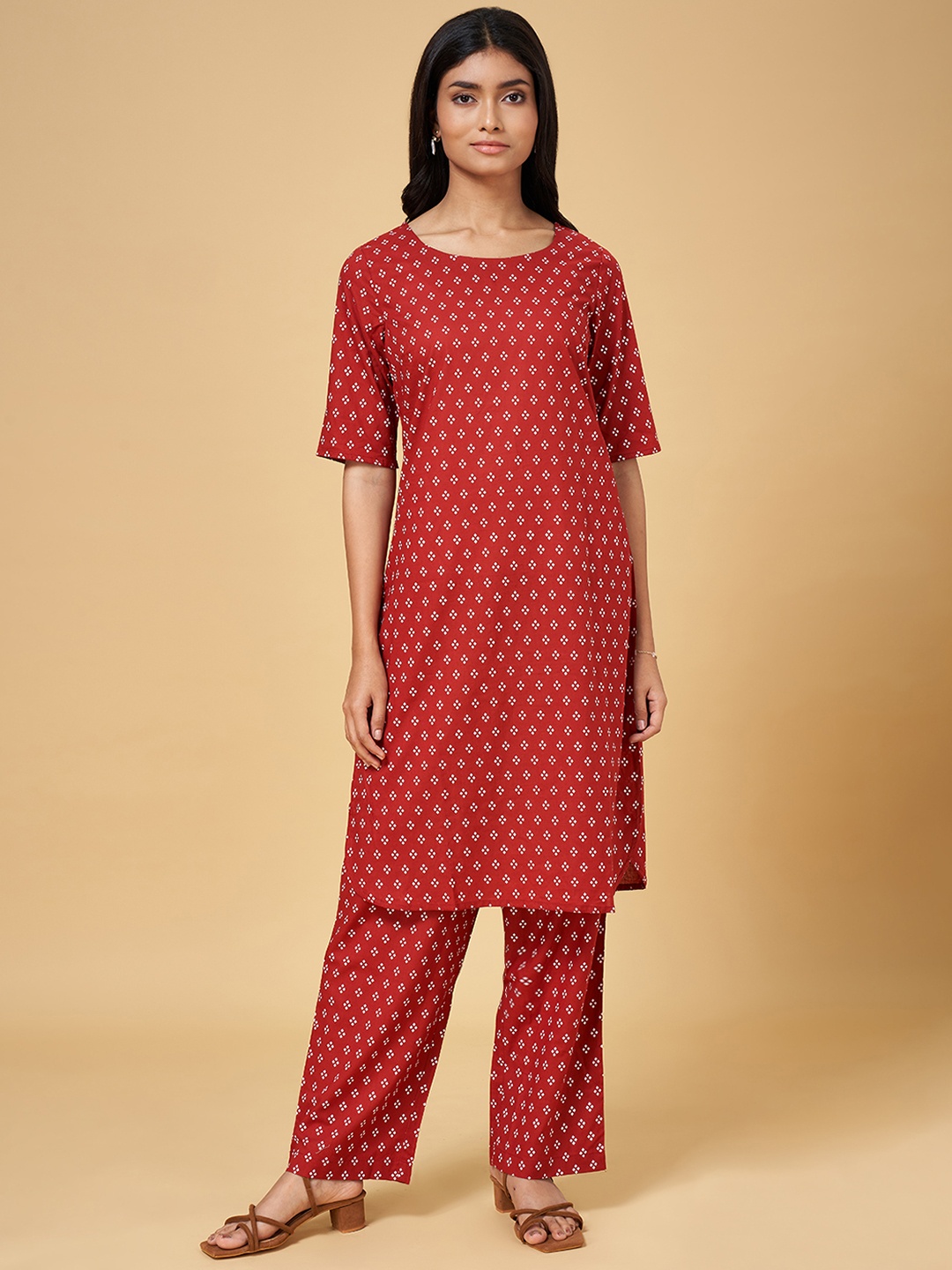 

RANGMANCH BY PANTALOONS Women Red & White Printed Pure Cotton Kurta with Palazzos