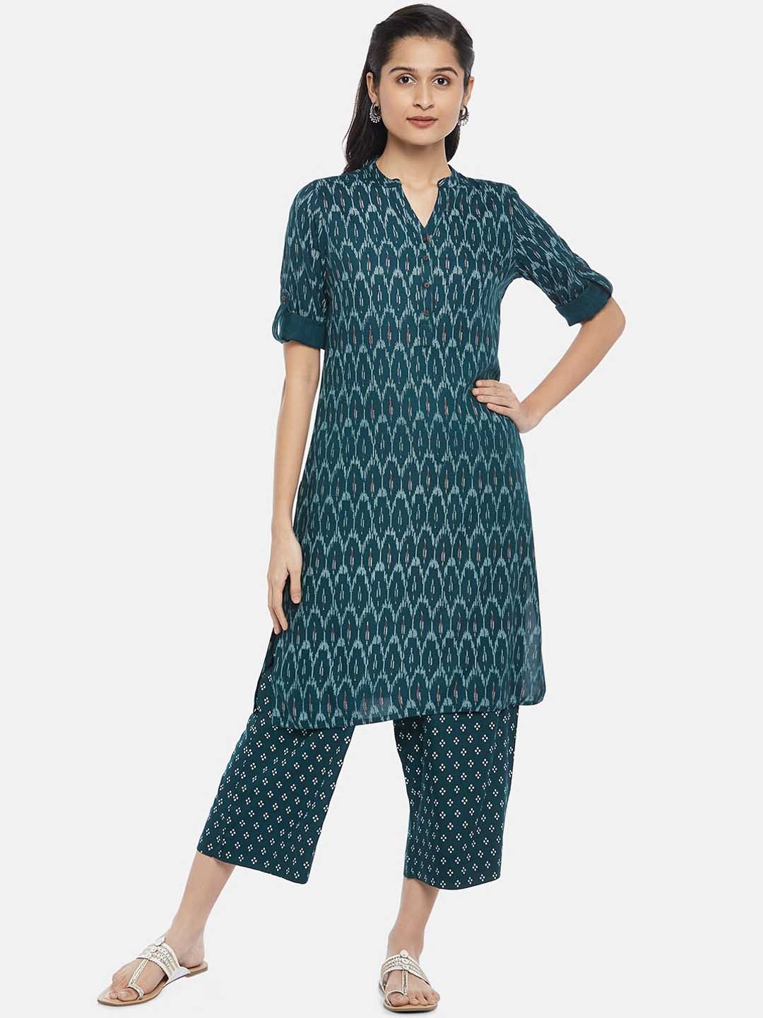 

RANGMANCH BY PANTALOONS Women Teal Green Printed Kurti with Trousers