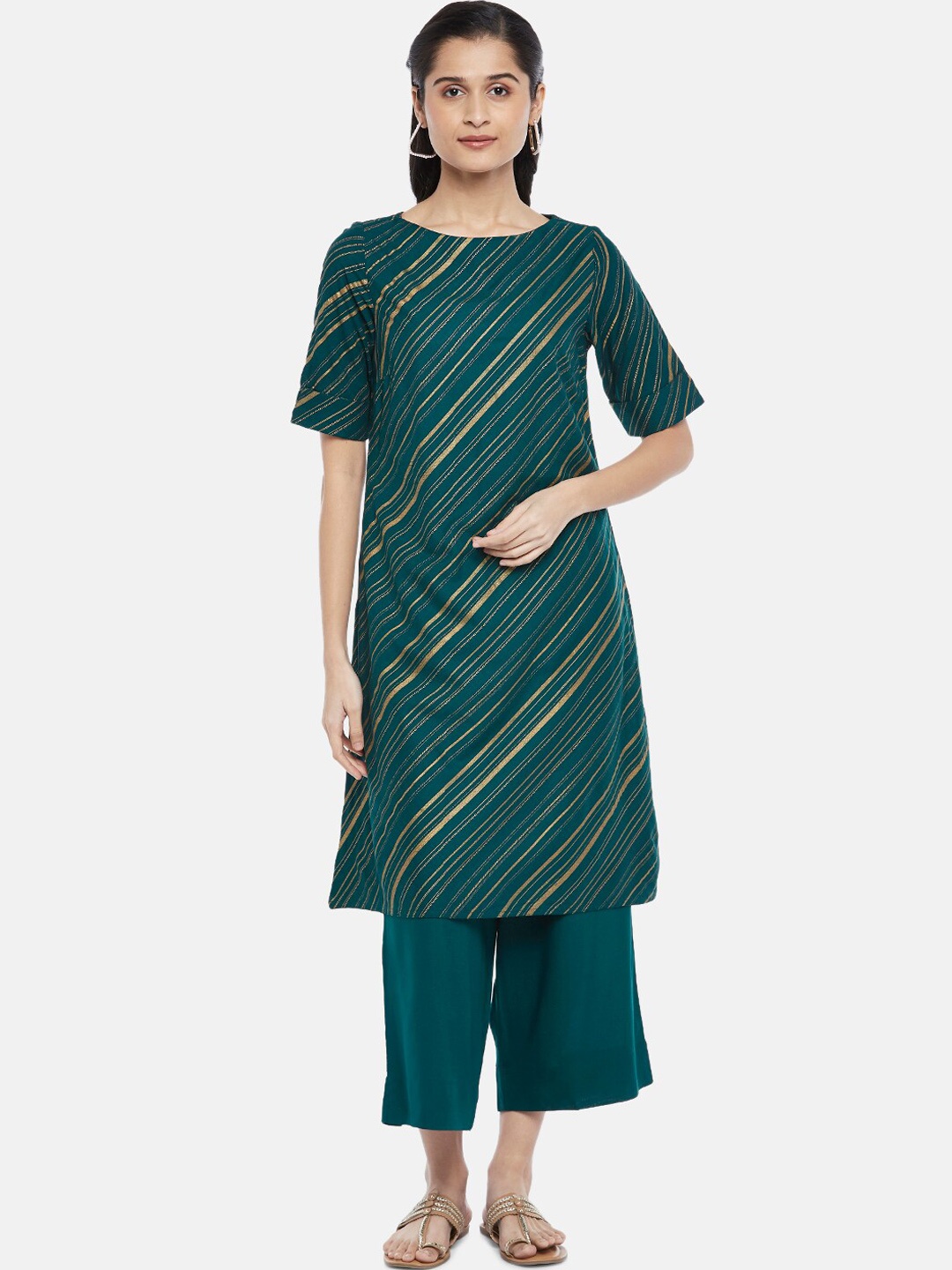 

RANGMANCH BY PANTALOONS Women Teal & Golden Striped Pure Cotton Kurti with Palazzos