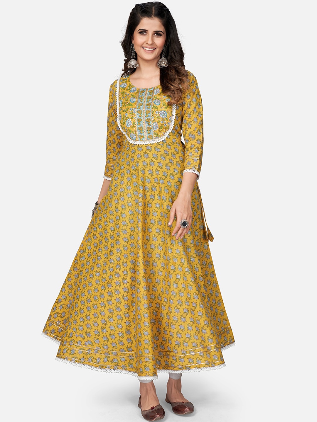 

Vbuyz Women Mustard Yellow & Blue Ethnic Motifs Printed Anarkali Kurta