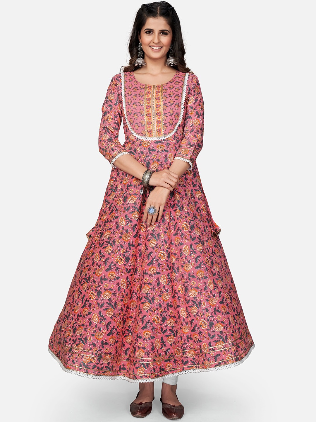 

Vbuyz Women Pink Ethnic Motifs Yoke Design Mirror Work Anarkali Kurta