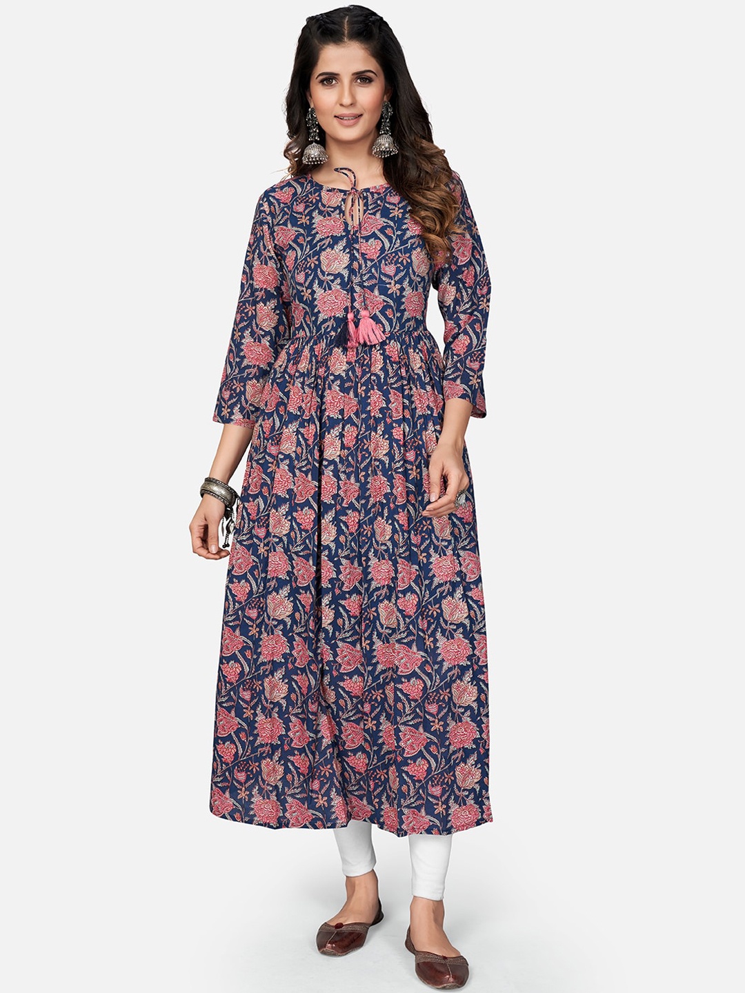 

Vbuyz Women Blue Floral Printed Mirror Work Anarkali Kurta