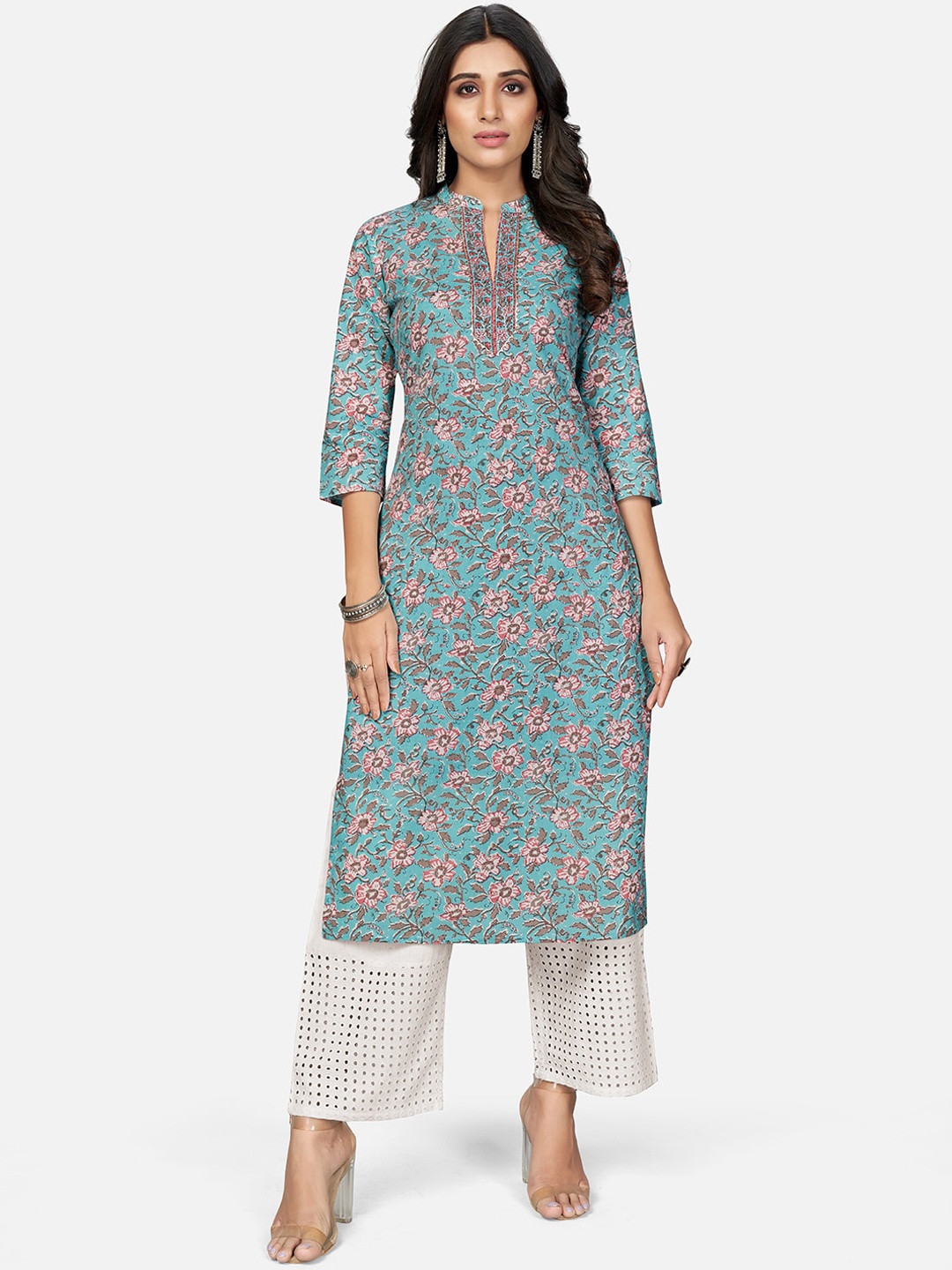 

Vbuyz Women Blue Floral Printed Cotton Kurta