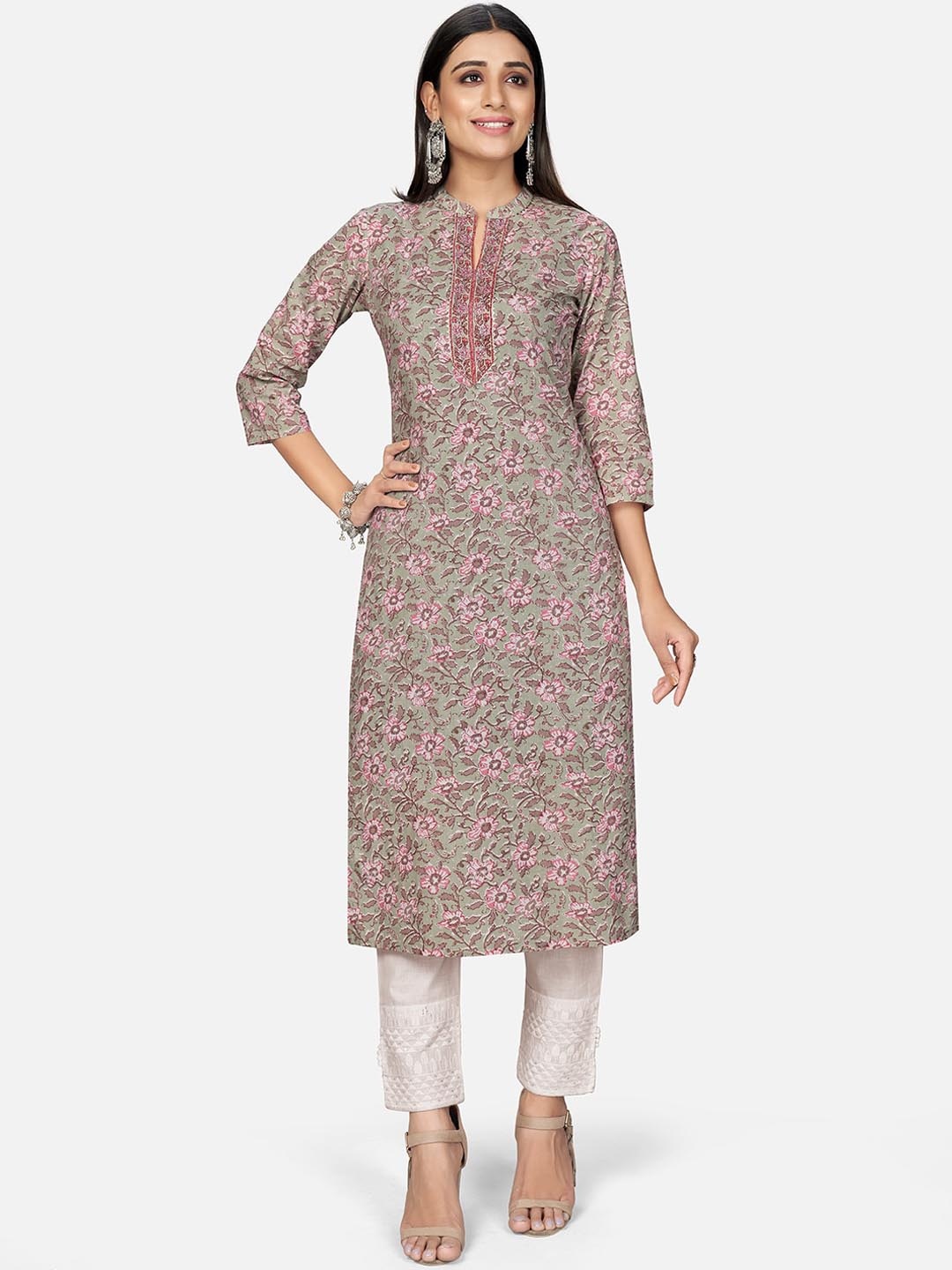 

Vbuyz Women Teal Floral Printed Cotton Kurta