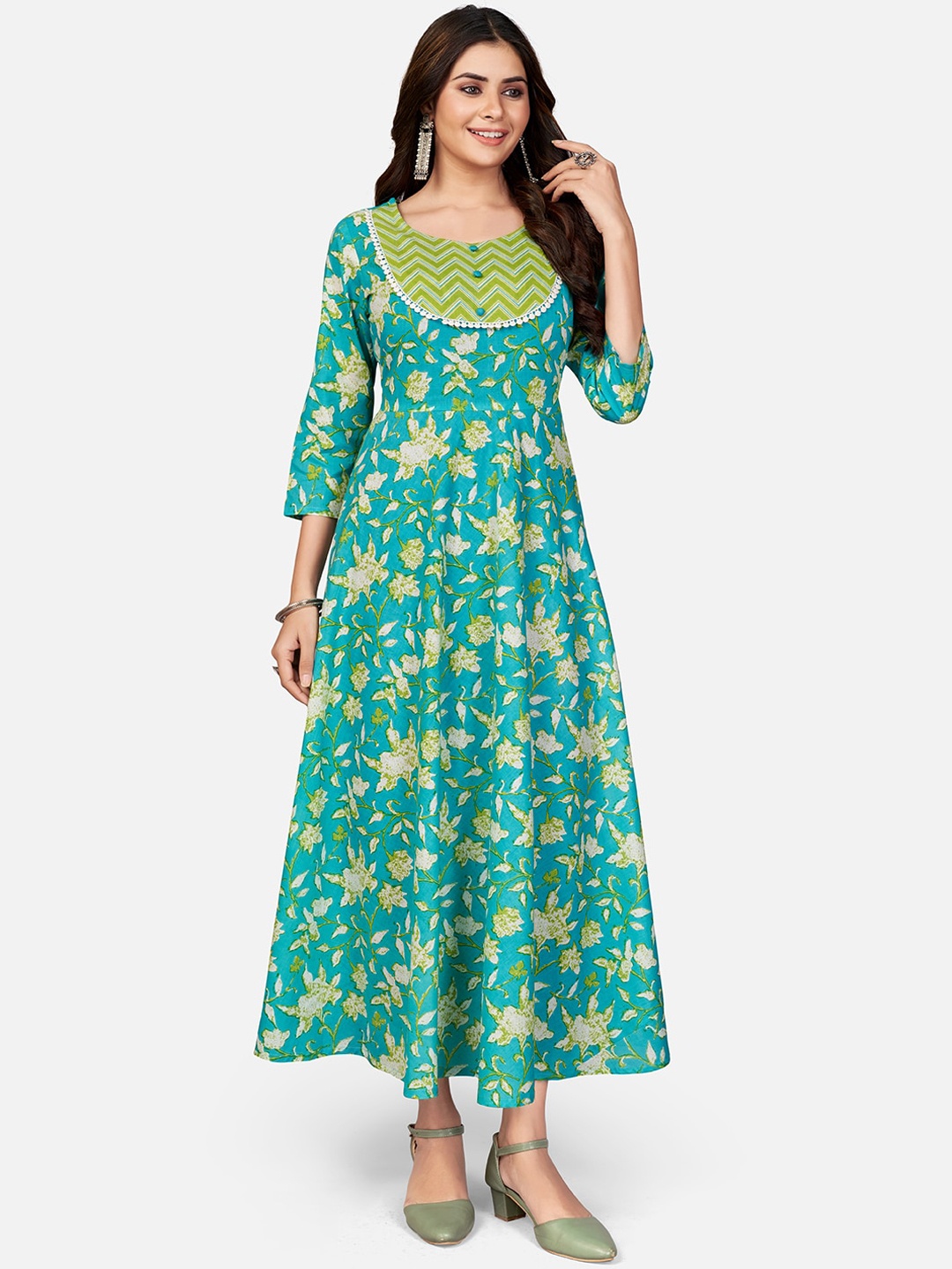 

Vbuyz Women Turquoise Blue Floral Printed Anarkali Cotton Kurta