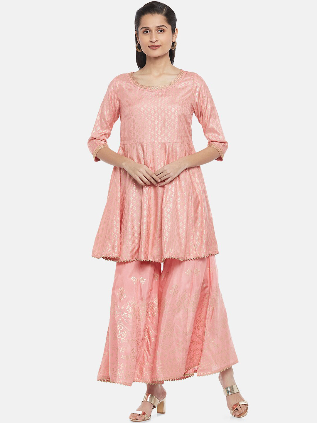 

RANGMANCH BY PANTALOONS Women Pink Ethnic Motifs Printed Pure Cotton Kurti with Sharara & With Dupatta
