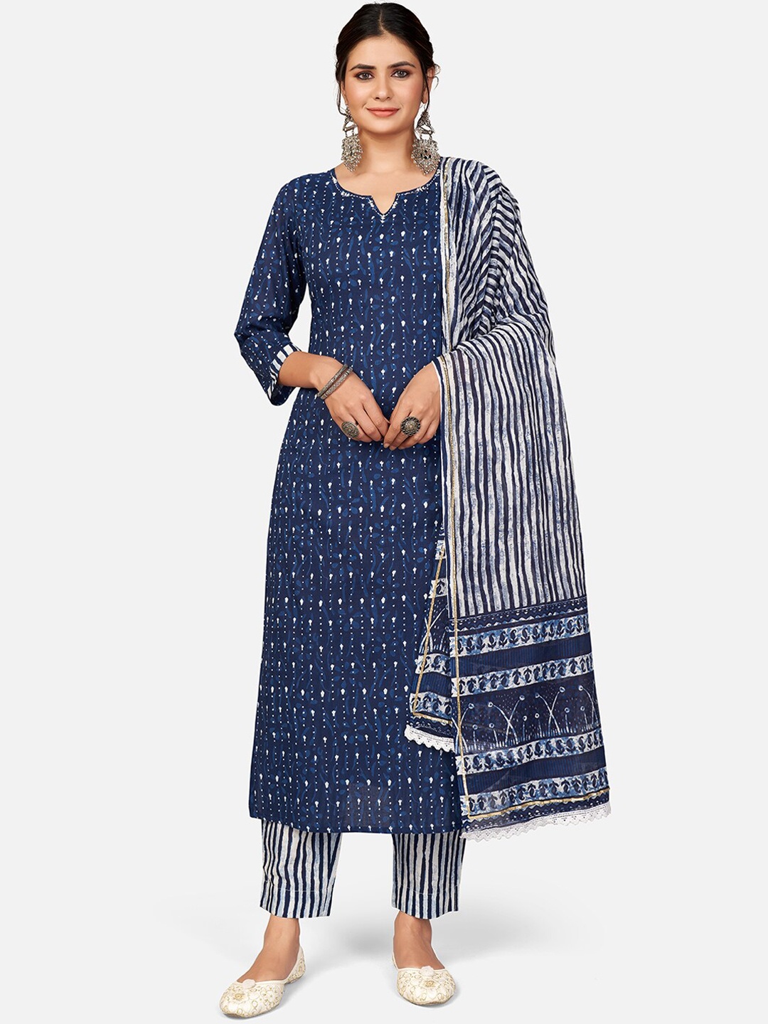 

Vbuyz Women Blue Ethnic Motifs Printed Sequinned Pure Cotton Kurta with Palazzos & With Dupatta