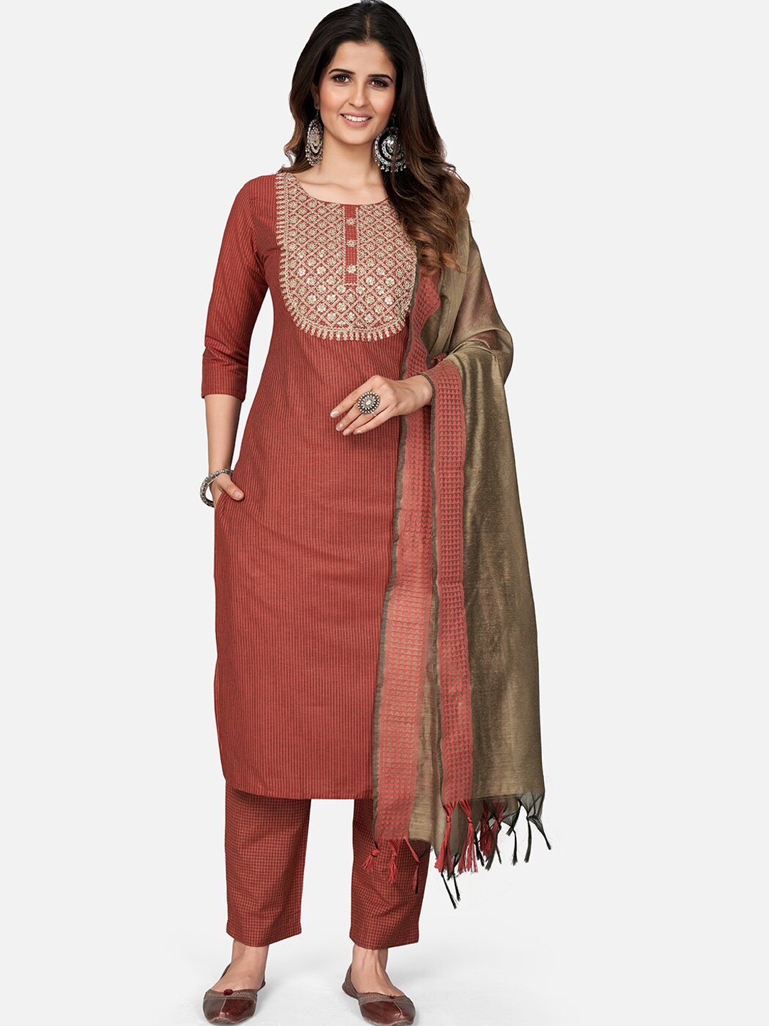 

Vbuyz Women Red Sequinned Pure Cotton Kurta with Trousers & With Dupatta