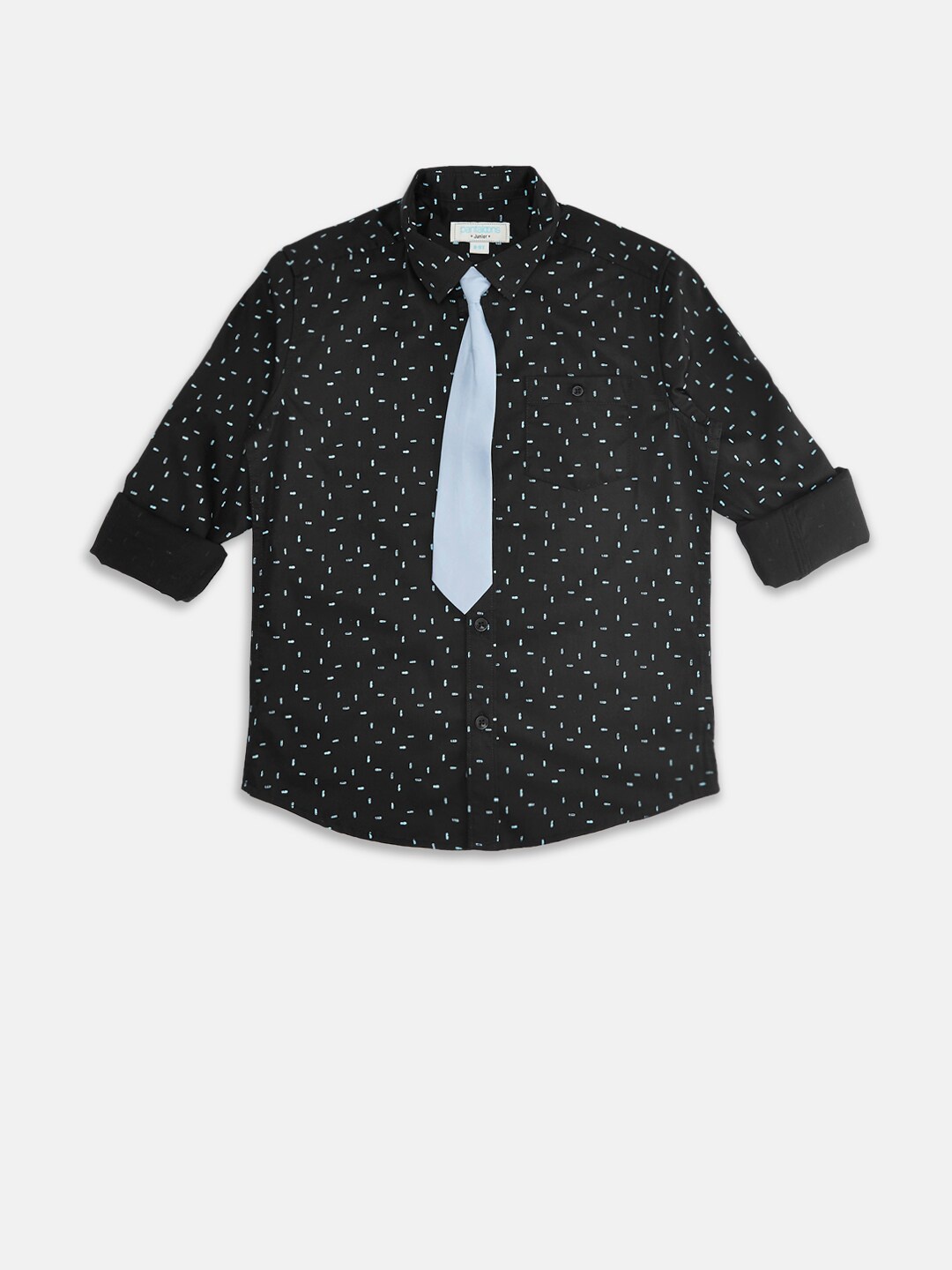 

Pantaloons Junior Boys Black Printed Cotton Party Shirt With Tie